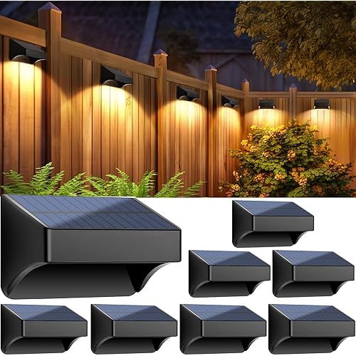 8-Pack Solar Outdoor Fence Lights, IP65 Waterproof Solar Powered Deck Lights Warm White, Cool White & RGB, Black Outside Solar Step Lights for Patio Yard Wall Fence