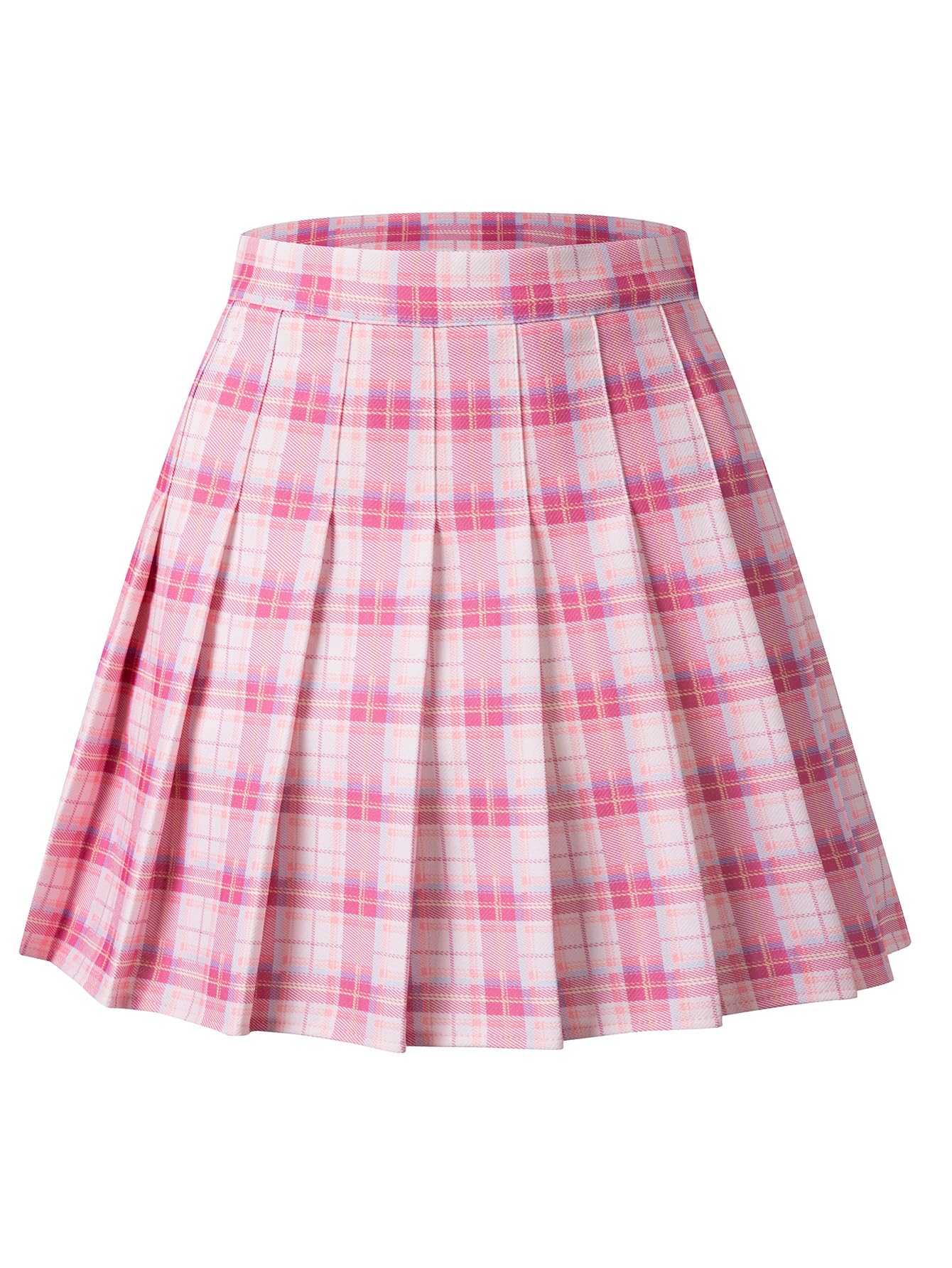 Shestellar Stretchy Short Pleated Skirts for Women Cheerleader Uniform High Waist A-line Mini Skirt Pink Plaid M