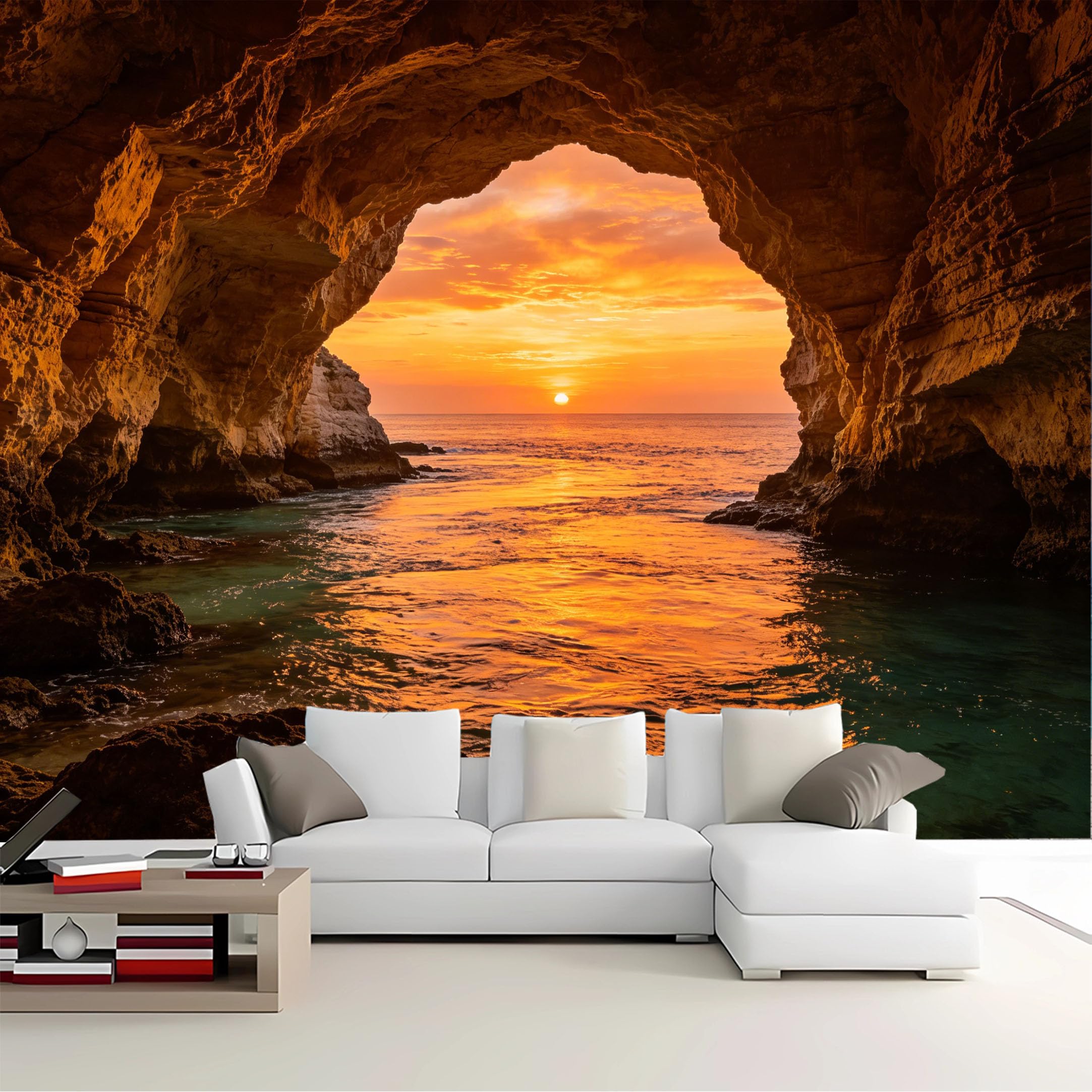 Custom Size Wall Mural Cave View Ocean Sunset Removable Self Adhesive Peel and Stick Wallpaper for Bedroom Living Room Dining Room