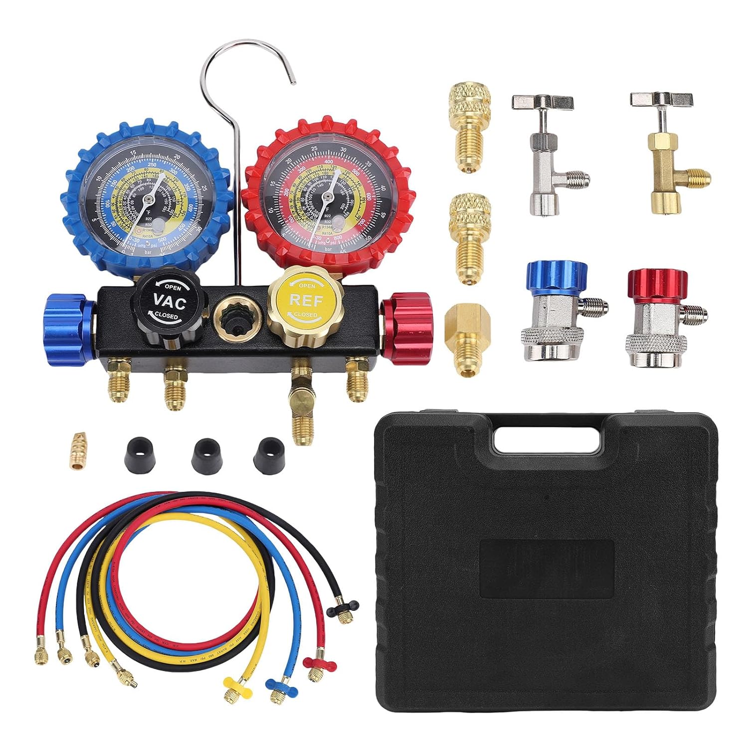 Kikumi HVAC Meters with Hoses, R410A R32 R134A R22 Professional Household Replacement AC Pressure Gauge Set, Safety Valves, Adapters, Flow Meter,