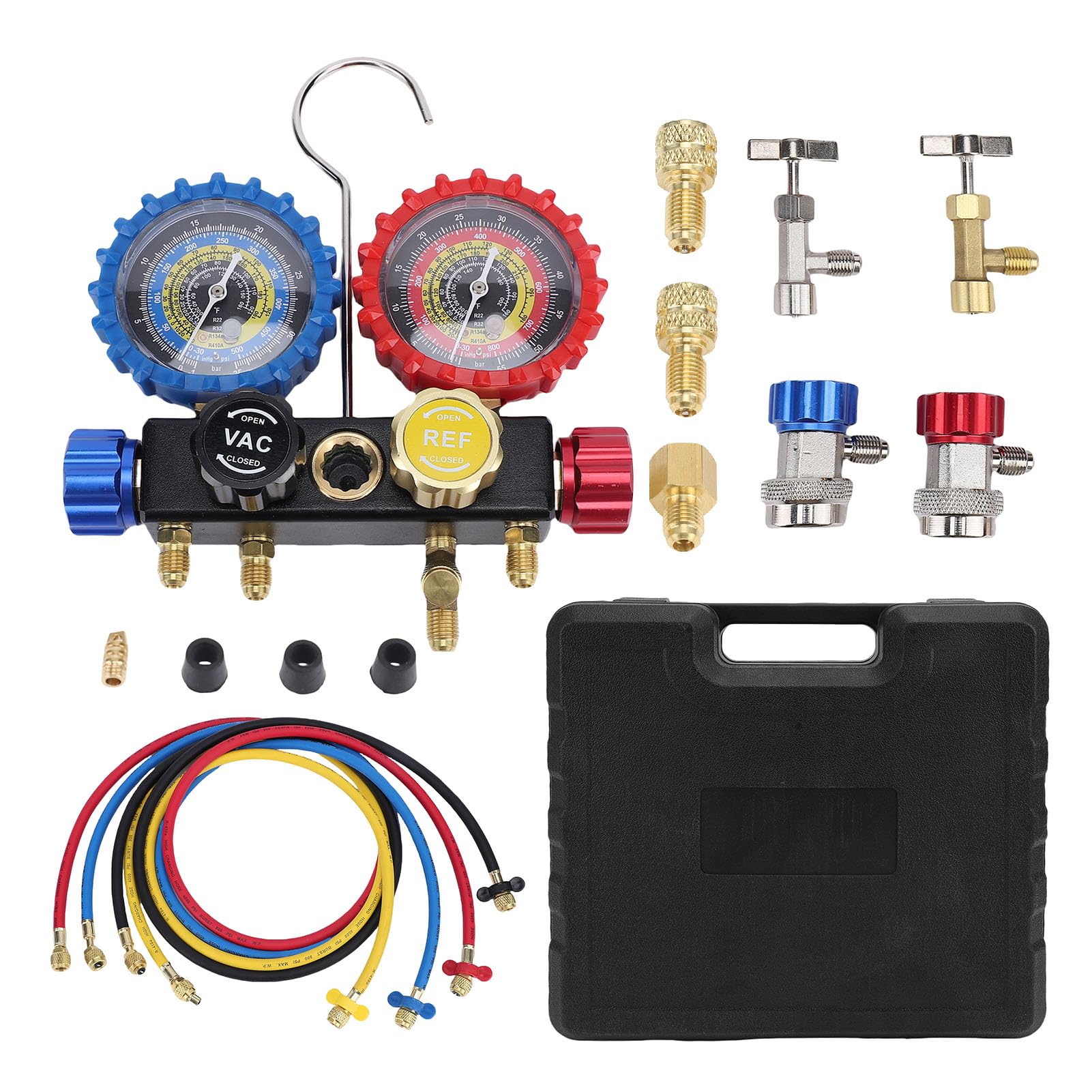 Keenso Juego de Manómetros de Colector de CA, Kit de Carga de Refrigerante de Aire Acondicionado Automotriz de Latón con Manguera de 4.92 Pies y Válvula de Seguridad, para