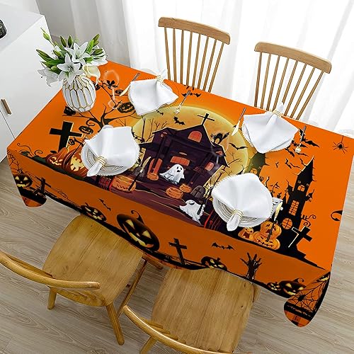 Miniatura 7 de Hexagram Mantel de Halloween, mantel de Halloween para mesas rectangulares de 54 x 108 pulgadas, castillo de Halloween, fantasma, lavable,
