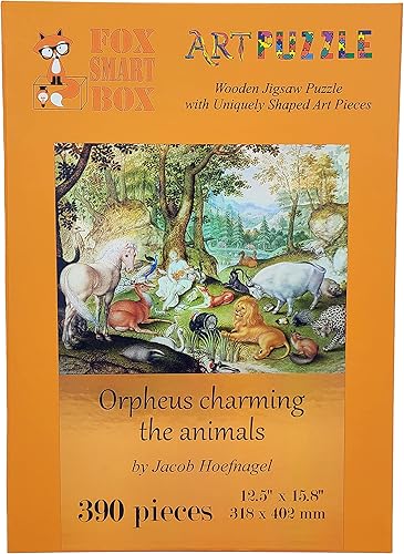 Miniatura 5 de Rompecabezas de madera para adultos, piezas de forma única, fabricado en los Estados Unidos por FoxSmartBox - 390 piezas - Orpheus Charming Animals