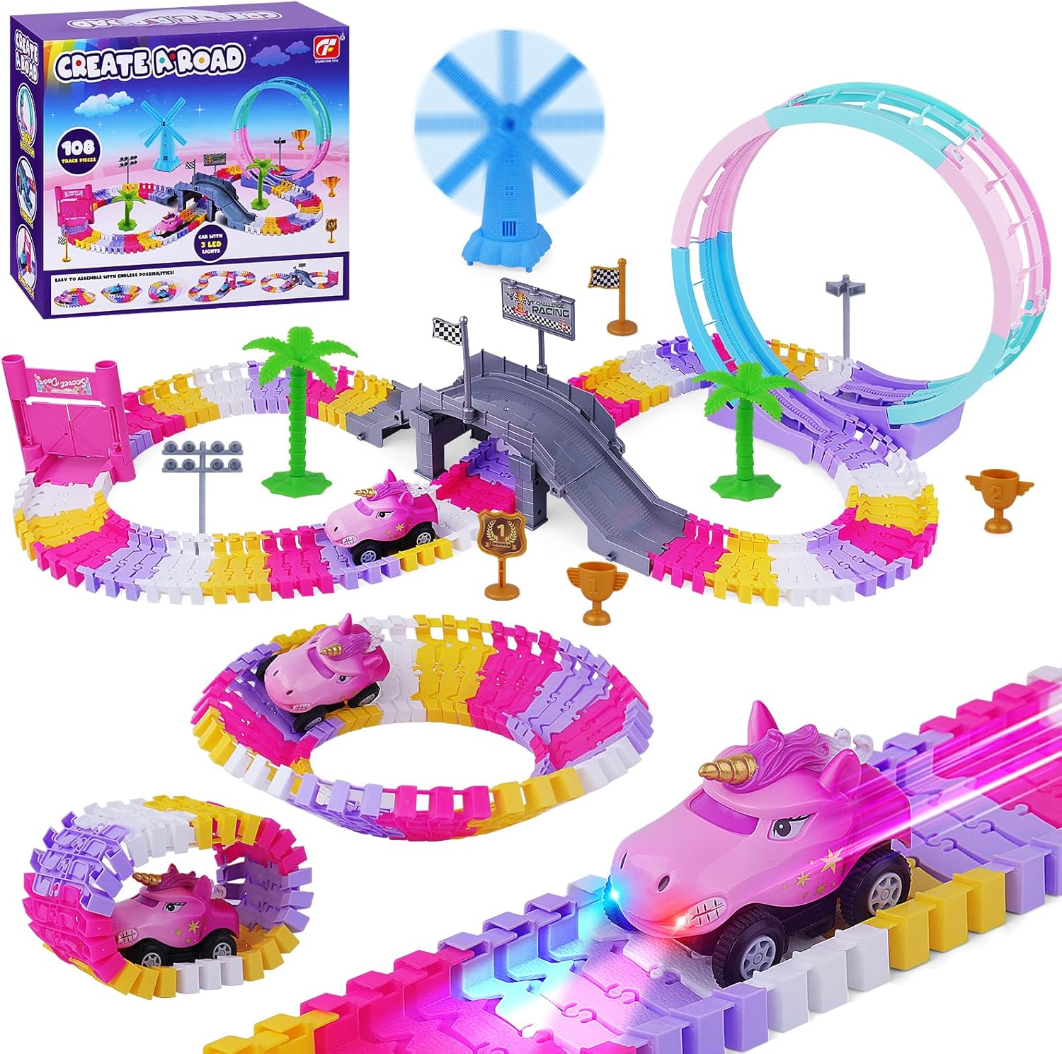 Track Car Toys for Kids 3-8, 148 PCS Uicorn Race Car Monster Truck Flexible Track Set with Windmill, 360 Loop Ramp Toddler Cars Toy Birthday Gift for 4 5 6 7 Year Old Girl Boy