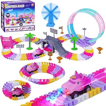 Track Car Toys for Kids 3-8, 148 PCS Uicorn Race Car Monster Truck Flexible Track Set with Windmill, 360 Loop Ramp Toddler Cars Toy Birthday Gift for 4 5 6 7 Year Old Girl Boy