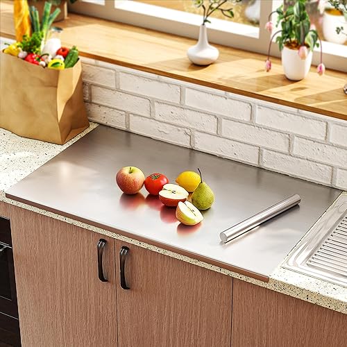 ISXACFF Tabla de cortar grande de 35.4 pulgadas de largo x 22.8 pulgadas de ancho, tabla de cortar de acero inoxidable con labio de metal, tabla