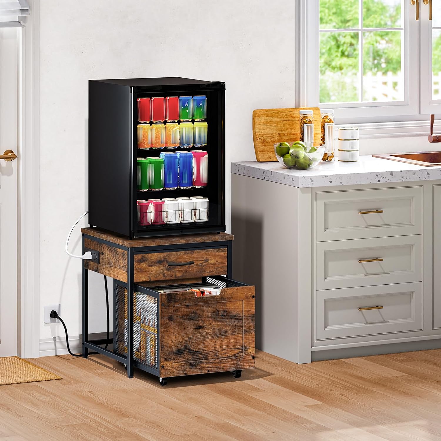 Mini fridge stand with a mini fridge on top, positioned in a kitchen setting.