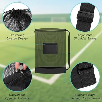 Heavy Duty Soccer Ball Net Bag, Extra Large Sports Ball Bag Mesh(Holds 10-12 balls), 40 x 30 Drawstring Mesh Ball Bag with Pocket for Gym, Beach, Fabrics, Basketball, Volleyball, Swimming Gear