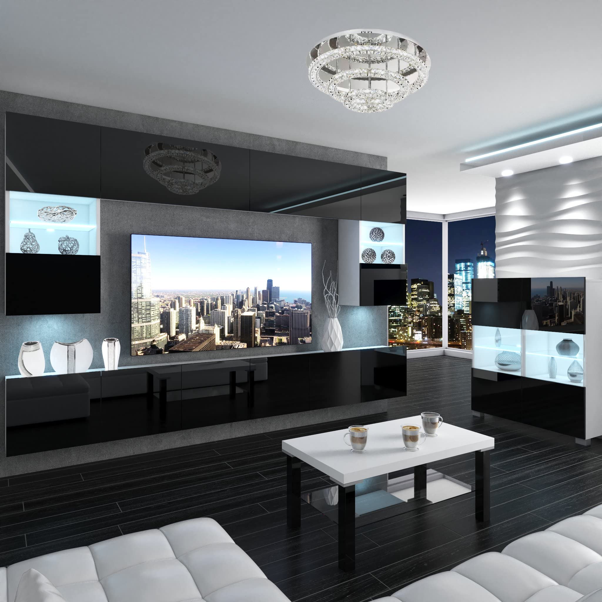 Belini - Set completo da parete per soggiorno, moderna parete con illuminazione a LED, colore: Nero