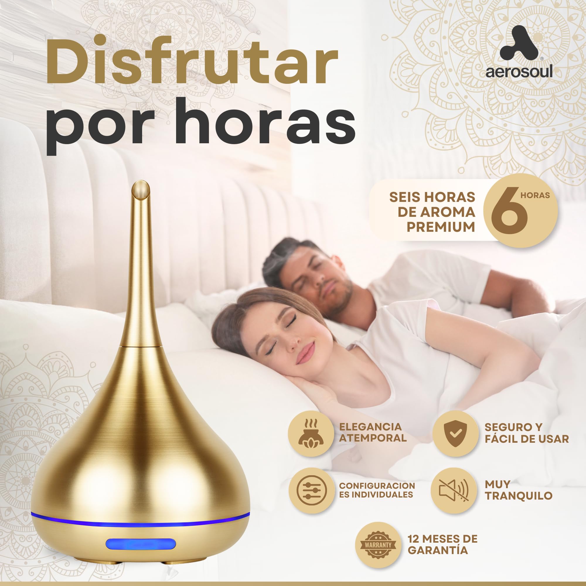 Aerosoul® Difusor de Aromas para Aceites Esenciales 100 ml, Diseño Noble | Diseño Noble, Apagado Automático, 6h de Bruma, Luz LED Difusor de Aromaterapia, Plástico Oro