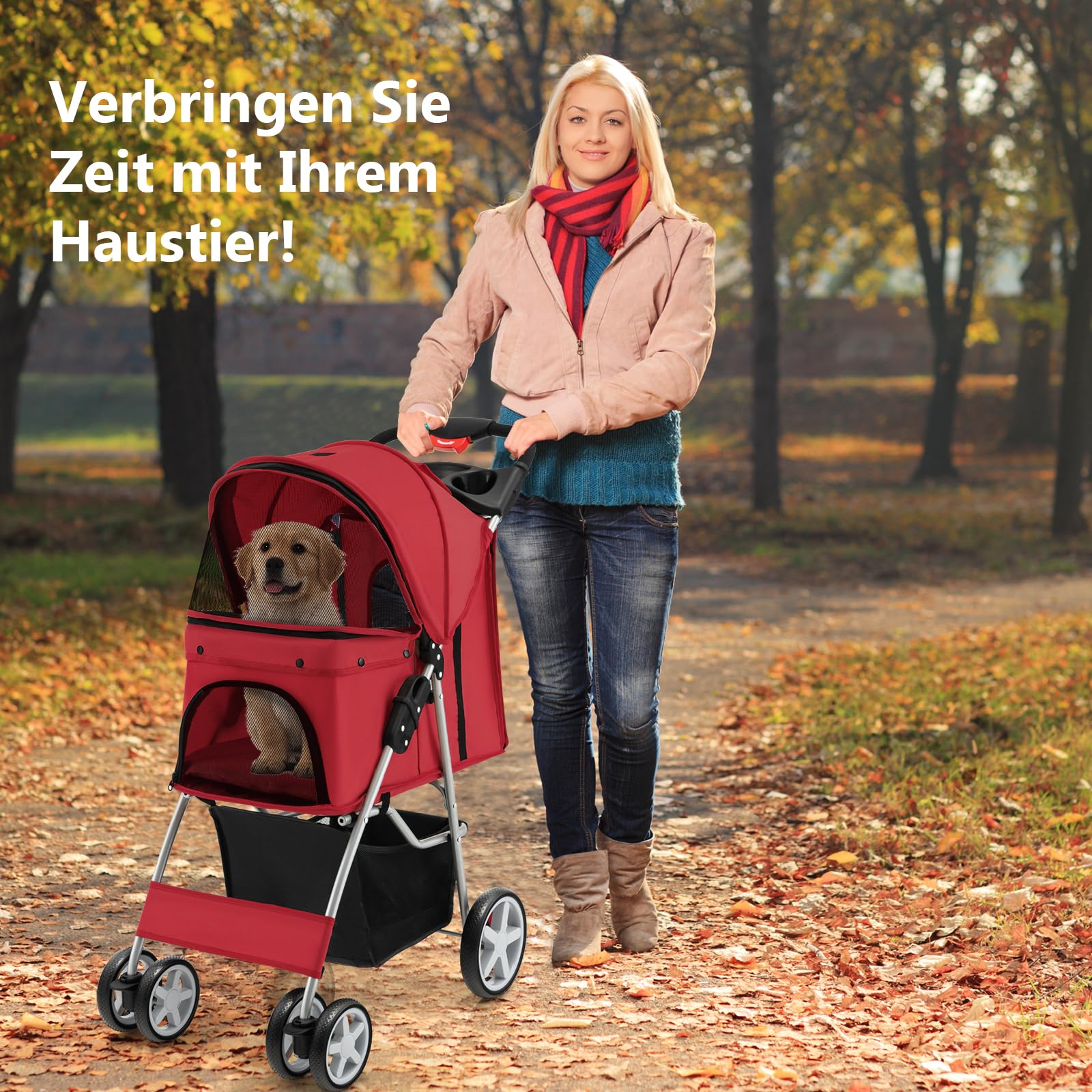 GYMAX Haustierwagen, faltbarer Katzen-/Hundebuggy bis 15 kg belastbar, Hundewagen mit Aufbewahrungskorb, Regenschutzabdeckung & Netzfenster, Reisewagen mit 4 Rädern für kleine Haustiere (Rot)