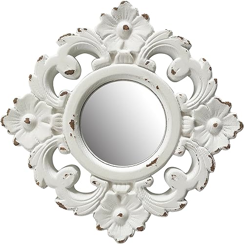 Espejo de pared floral tallado a mano, espejo de madera blanca desgastada de 11.8 pulgadas, utilizado para decoración de habitaciones, decoración
