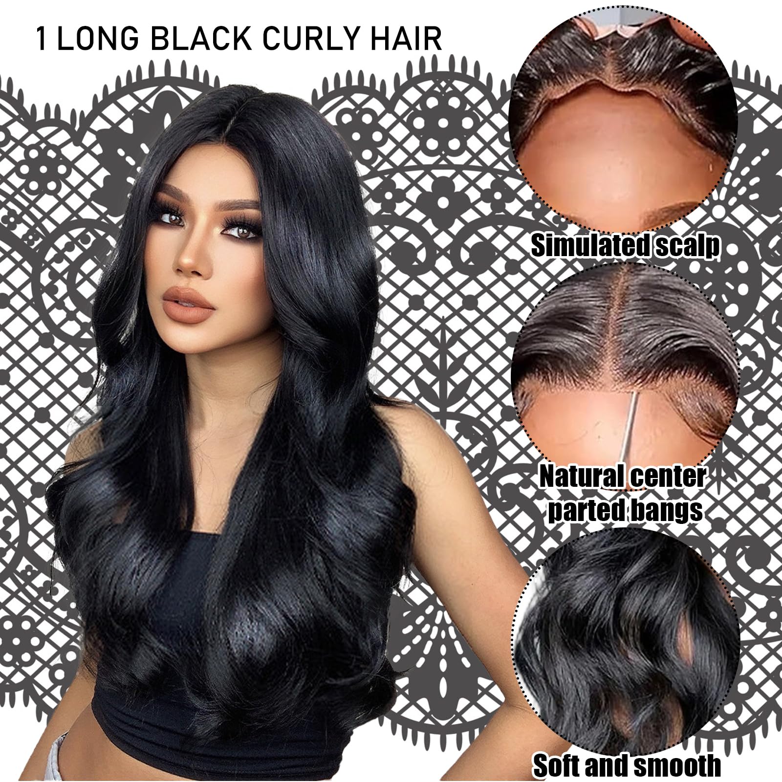 DKDDSSS Long Black Wavy Wig for Women - Synthetic Hair Brunette with Bangs for Daily Party Cosplay 26 Inches - Image 3