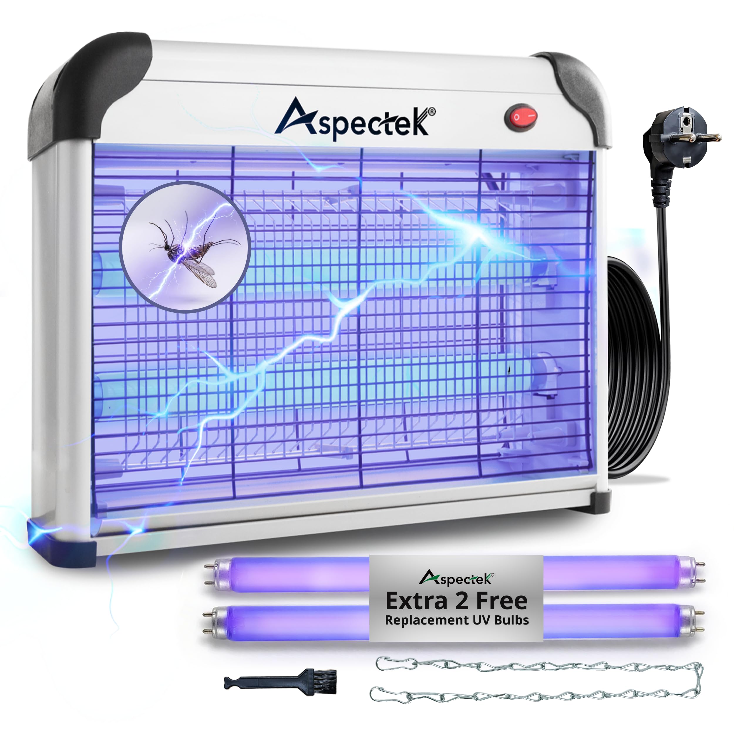 ASPECTEK Elektrischer Insektenvernichter 20W 2800V – UV Mückenfalle & Fliegenfalle für Innen, Insektenlampe gegen Mücken, Fliegen, Gnitzen, Inklusive 2 Ersatz-UV-Röhren