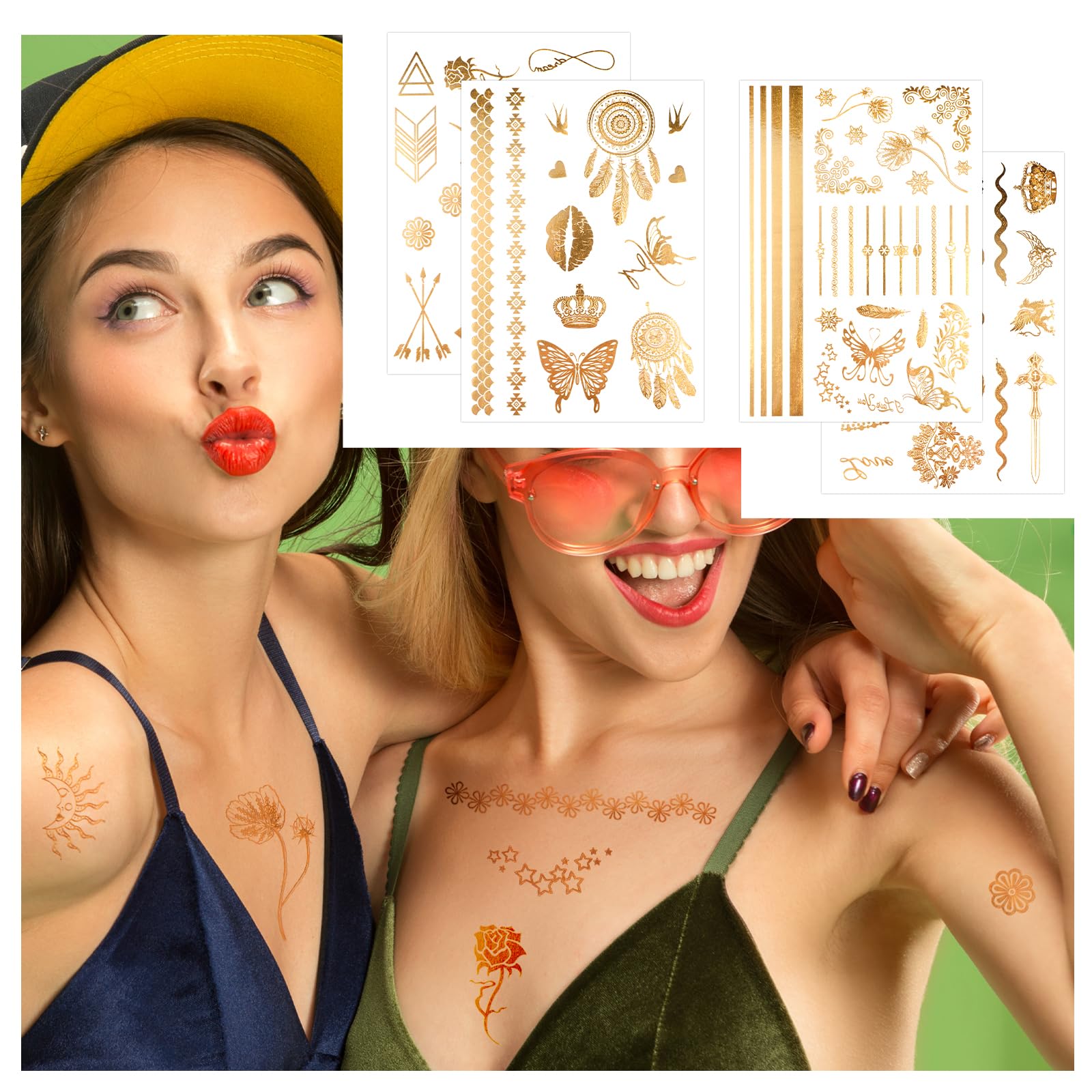 9 hojas de tatuajes dorados para adultos, tatuajes temporales con purpurina para pegar para mujer, accesorios metálicos, accesorios para fiestas, accesorios, tatuajes adhesivos, tatuajes