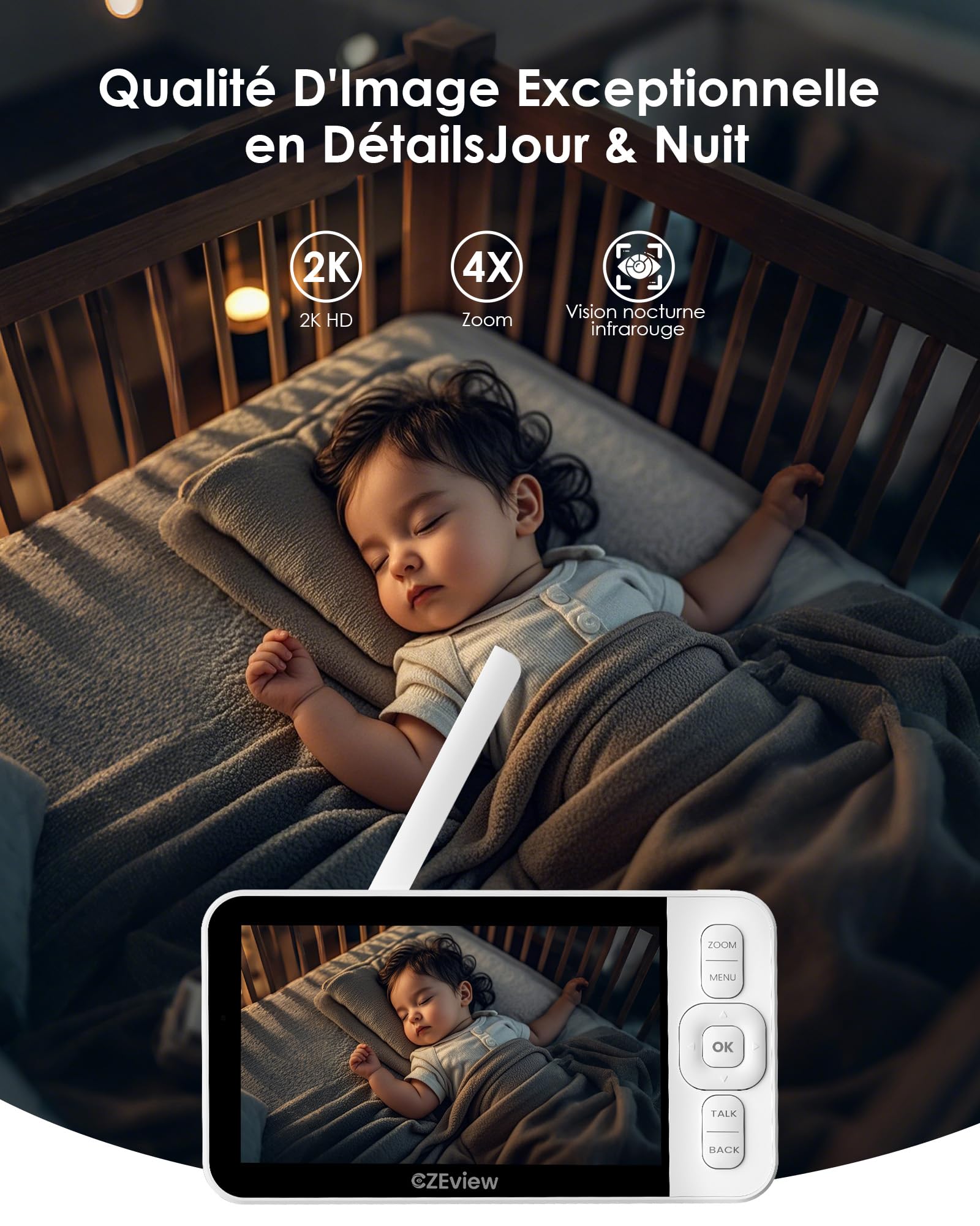 CZEview Babyphone Caméra Bébé, Moniteur Vidéo 5,0", PTZ 360°, Vidéo Caméra Surveillance Bébé, Audio Bidirectionnel, Vision Nocturne, Berceuses, Détection AI & Alertes Intelligentes