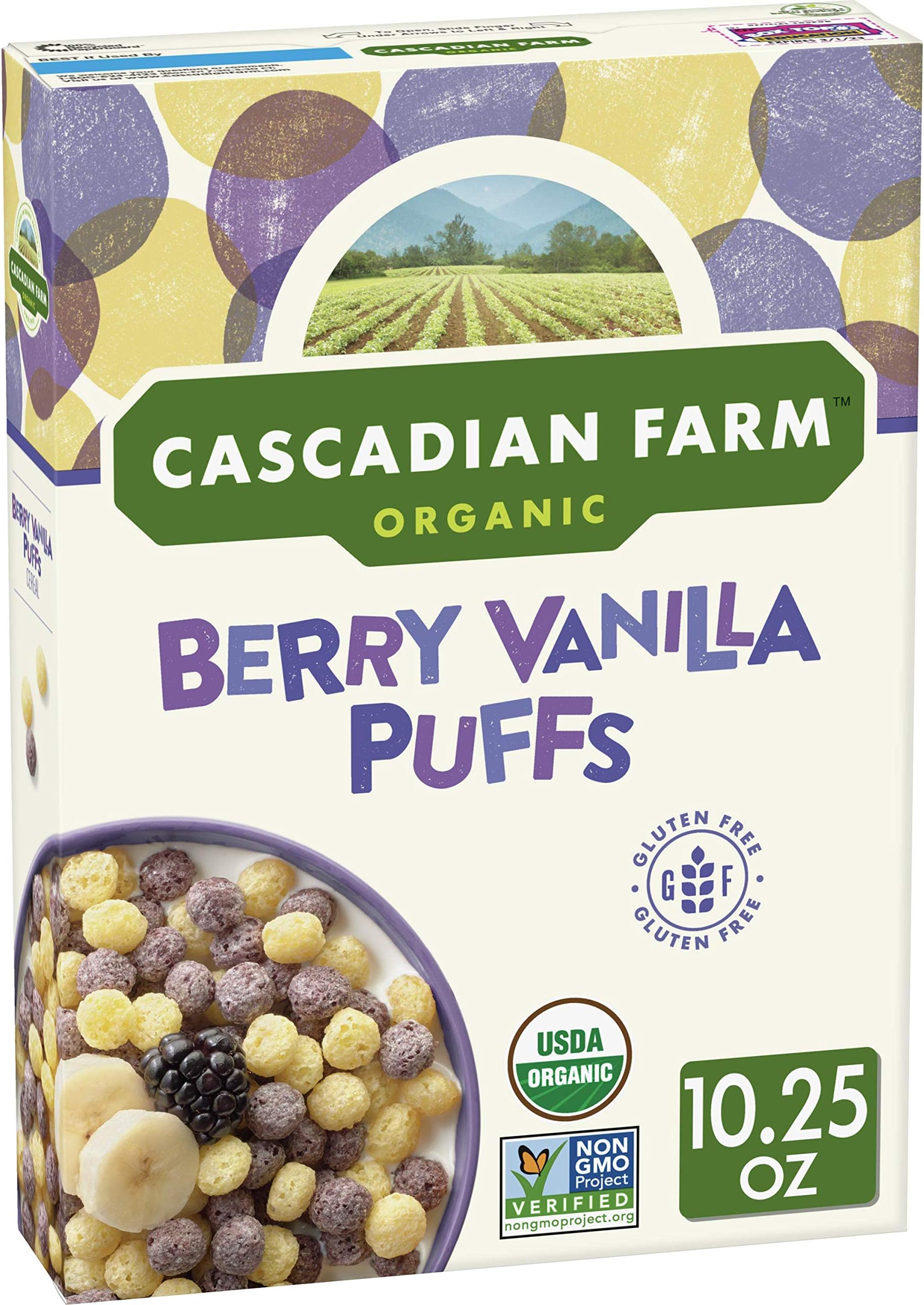 Cascadian Farm Organic Berry Vanilla Puffs Cereal, Gluten Free, 10.25 oz (Pack of 6)