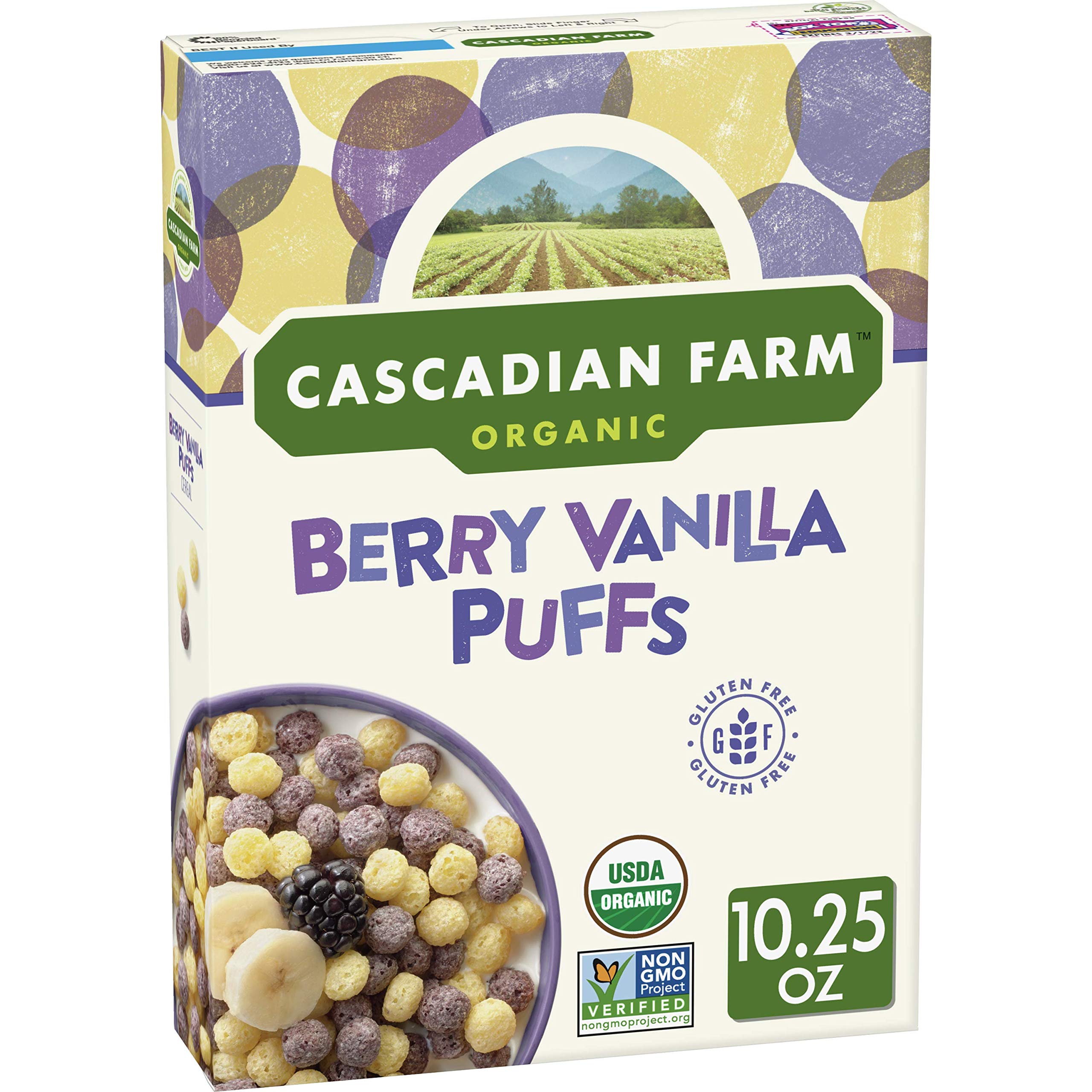Cascadian Farm Organic Berry Vanilla Puffs Cereal, Gluten Free, 10.25 oz (Pack of 6)
