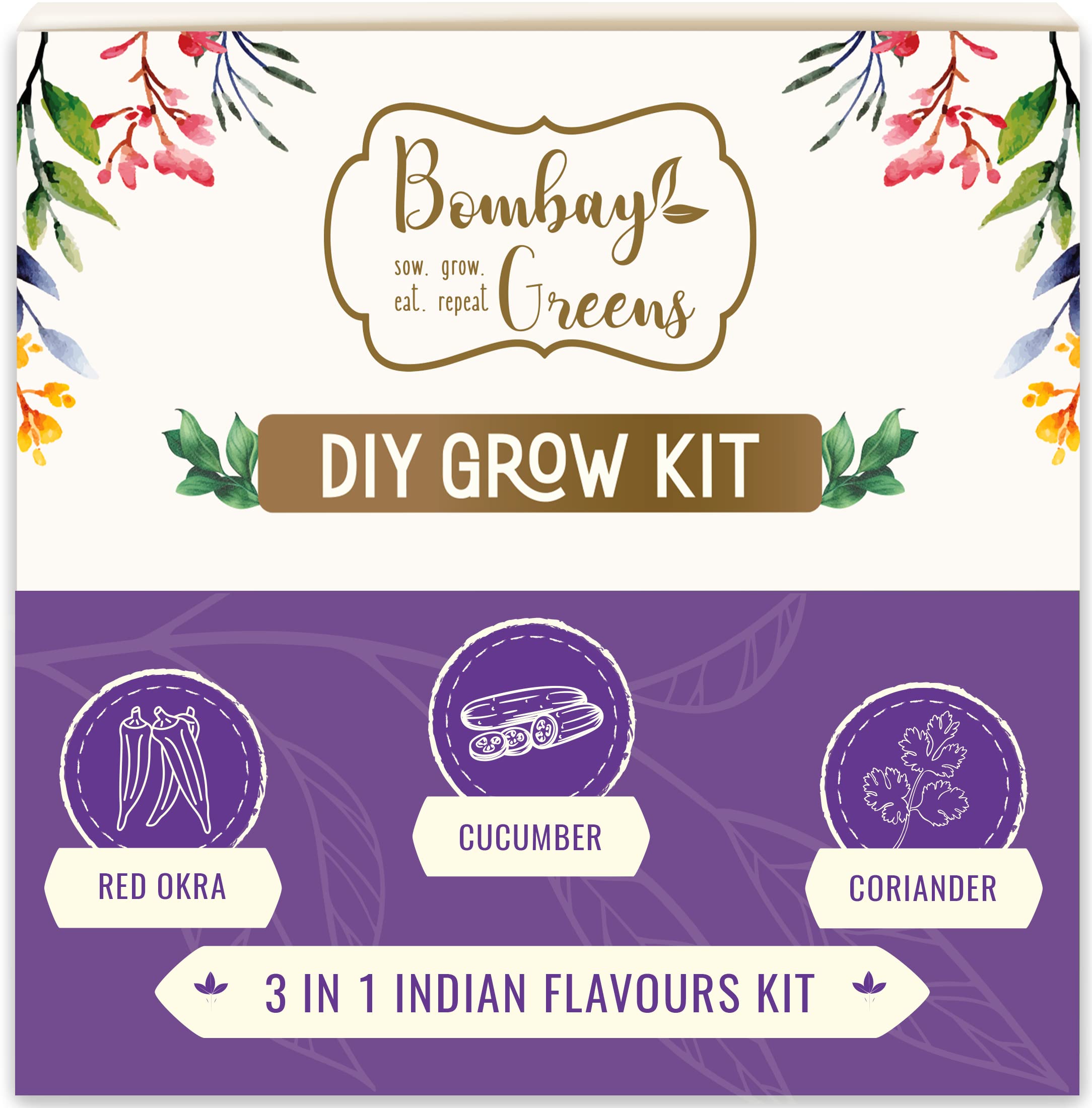 Bombay Greens 3 in 1 Indian Flavours Gardening Kit | Grow Your Own Kit - Coriander, Cucumber, Red Okra Plant | DIY Kit of for Home Garden | Combo of for Gardening