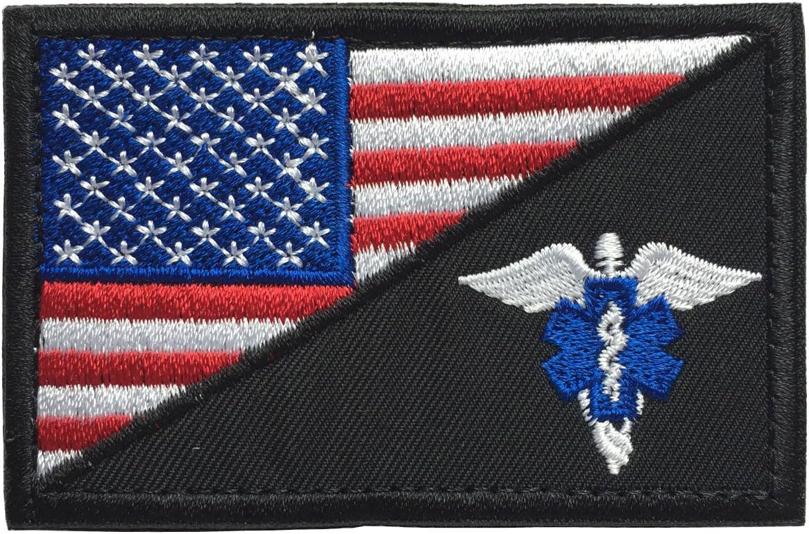 SpaceCar 3D Embroidered American Flag w/ Caduceus Paramedic Medic Tactical Morale EMT EMS Badge Patch 3" x 2" Sized