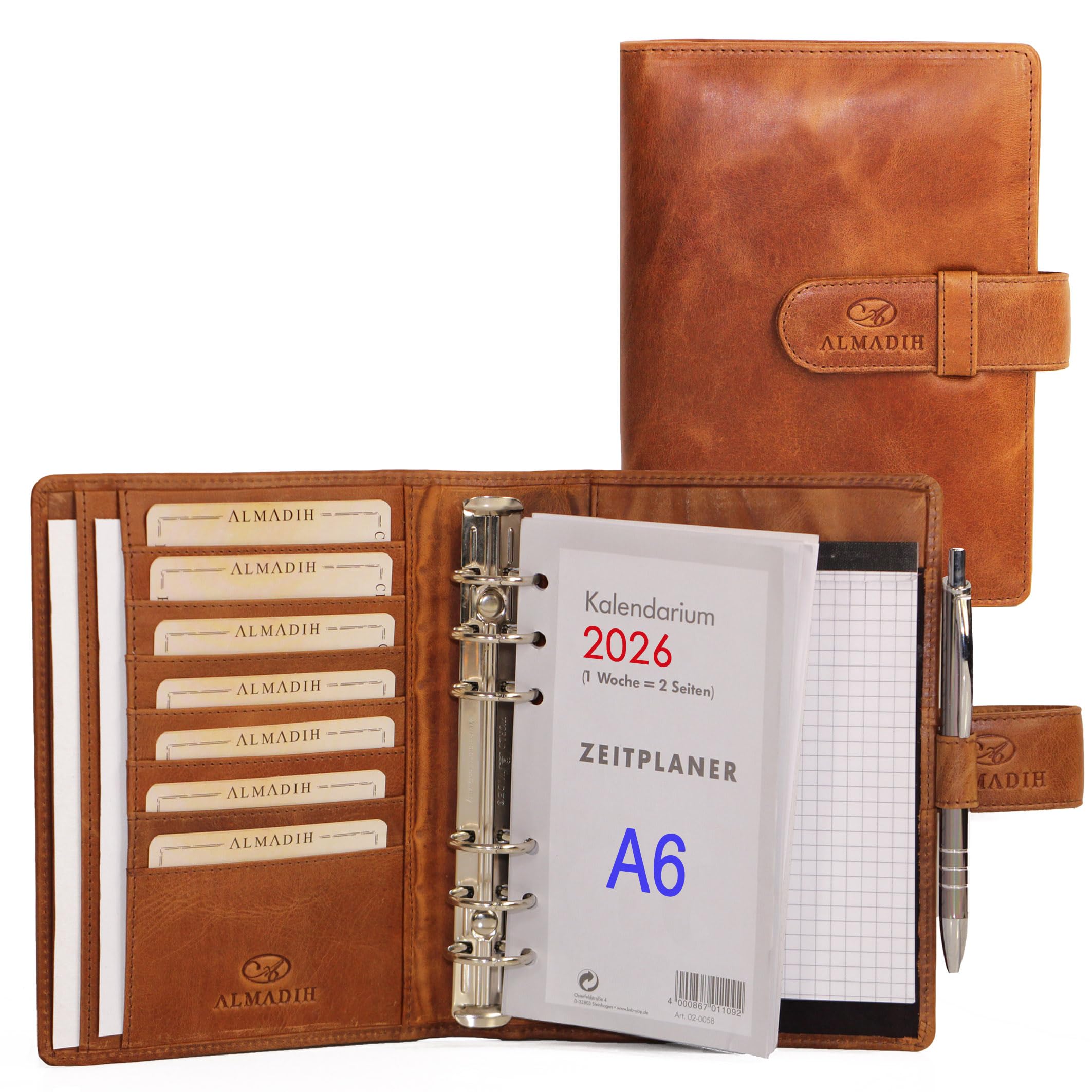 ALMADIH Agenda in pelle A6 Portadocumenti Calendario 2025 Marrone Deluxe Cartella Portablocco Organizer Porta Documenti Conferenza Anelli + Block Notes Organizzatore Carpetta