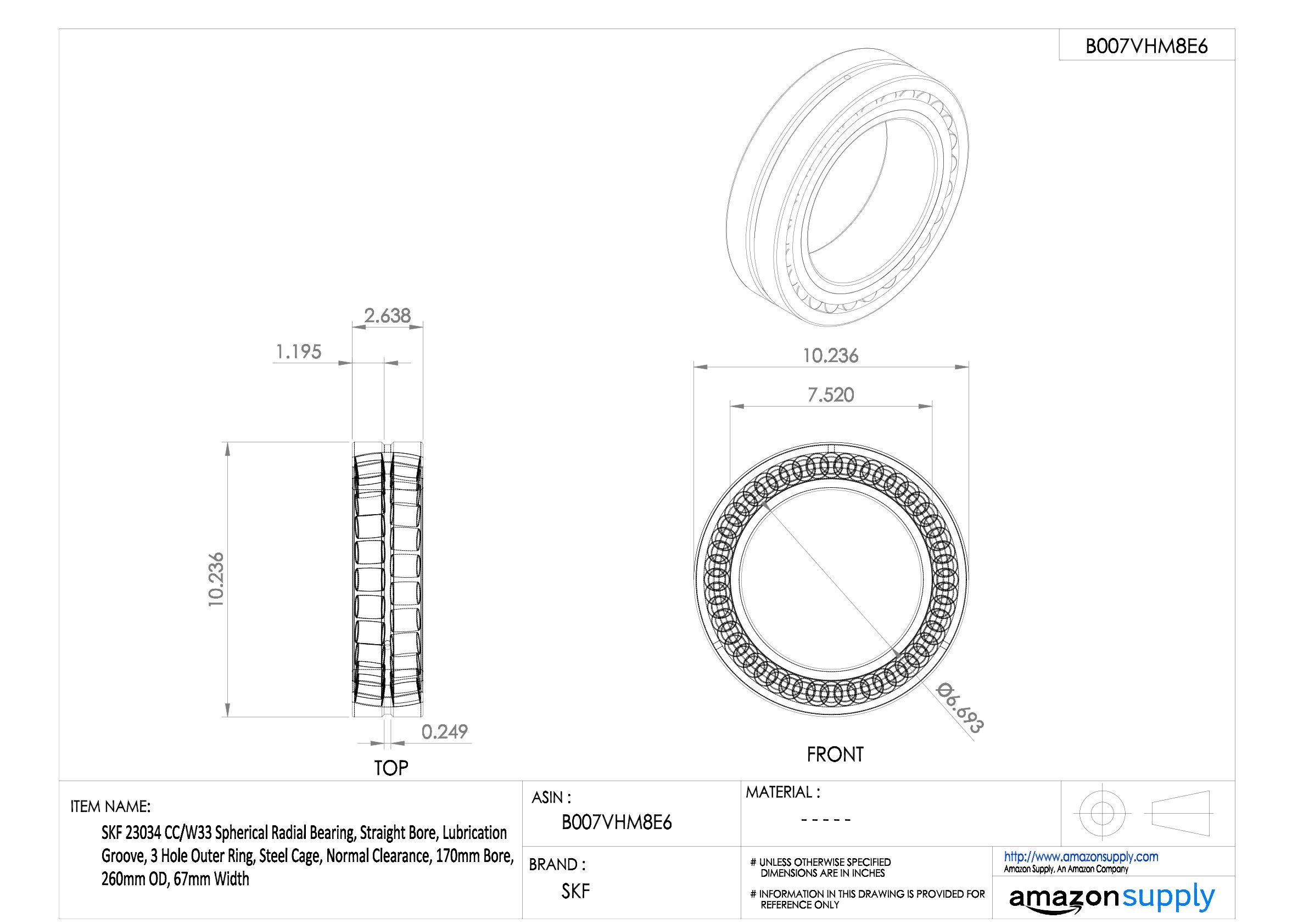 SKF 23034 CC/W33 Roulement à rouleaux radial