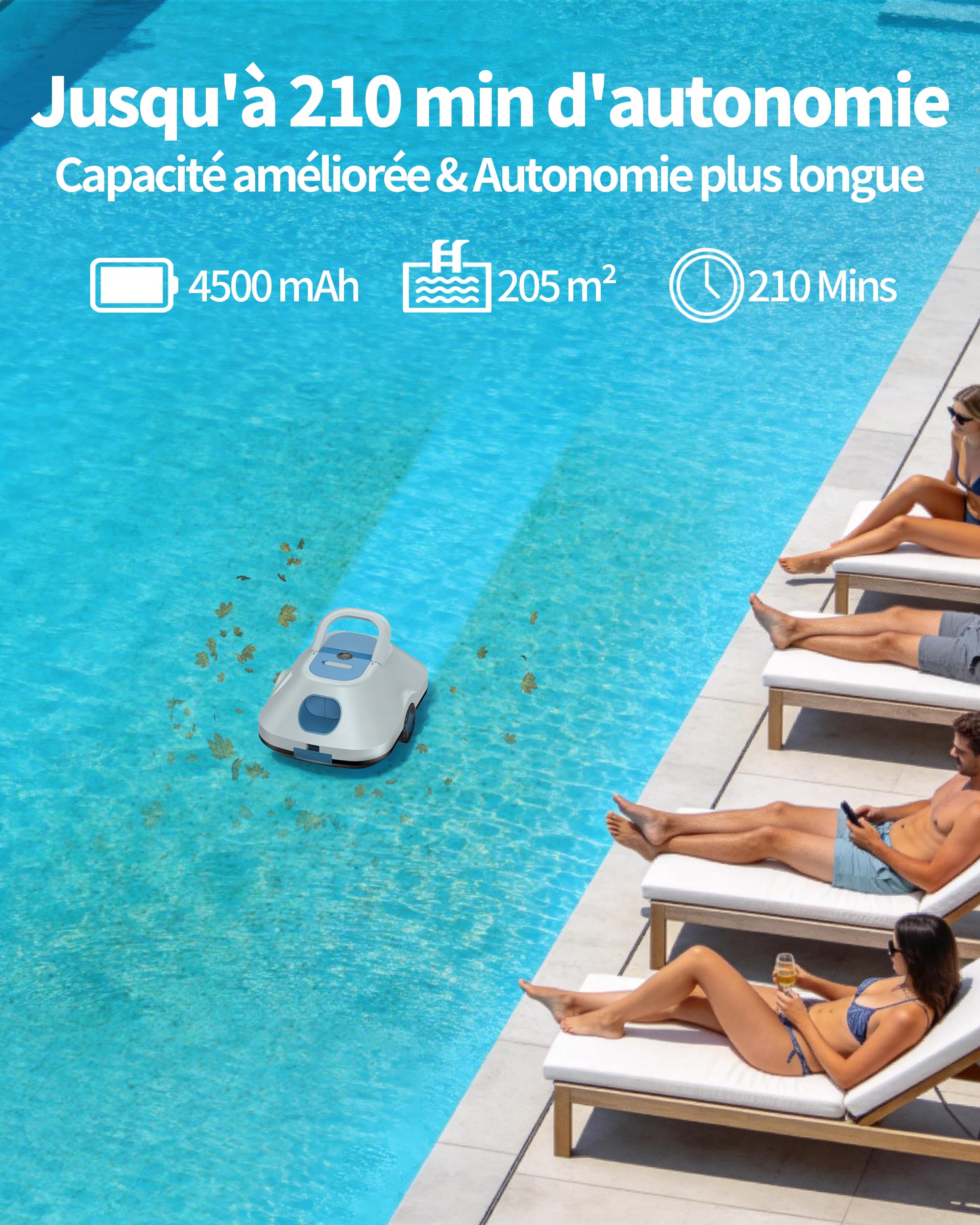 2026 Upgrade Robot Piscine,Aspirateur Robot Piscine sans Fil, Robot De Piscine sans Fil, Stationnement Automatique,Autonomie 210-Min pour piscines Hors-Sol Et enterrées, Jusqu'à 200 m²,Bleu