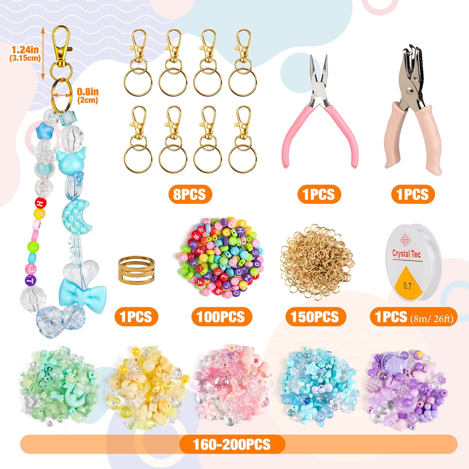 Starry 422 Pcs Lip Gloss Keychain Attachment Collection Lip Balm Beaded Keychain 10 Clips 5 Color Acrylic Beads Hole Puncher Jump Ring Elastic Rope for Adult - Image 2