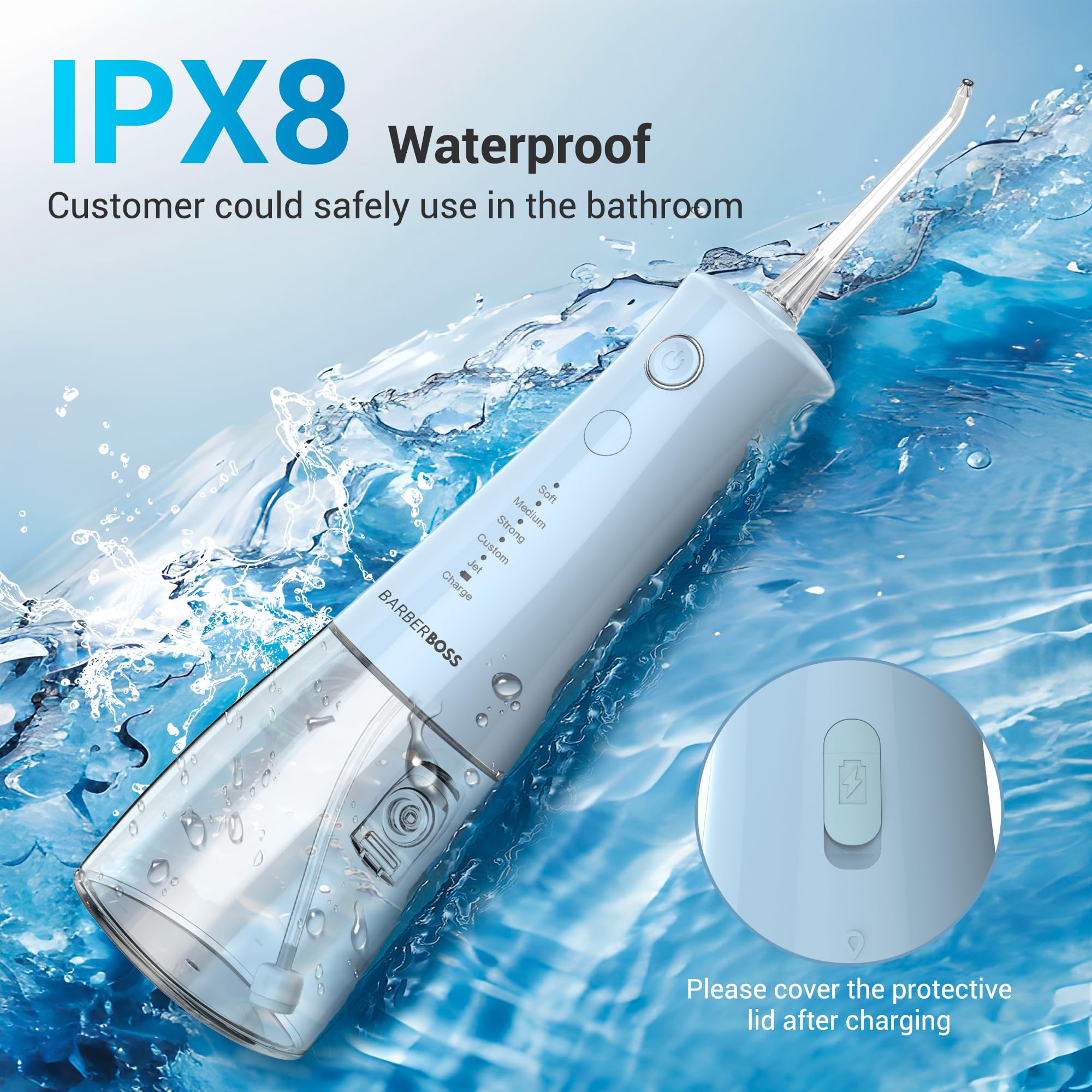 BarberBoss idropulsore dentale, irrigatore orale elettrico senza fili, 5 modalità di pressione, serbatoio da 340 ml, impermeabile IPX8, dispositivo portatile per la cura delle gengive (Blu Pastello)