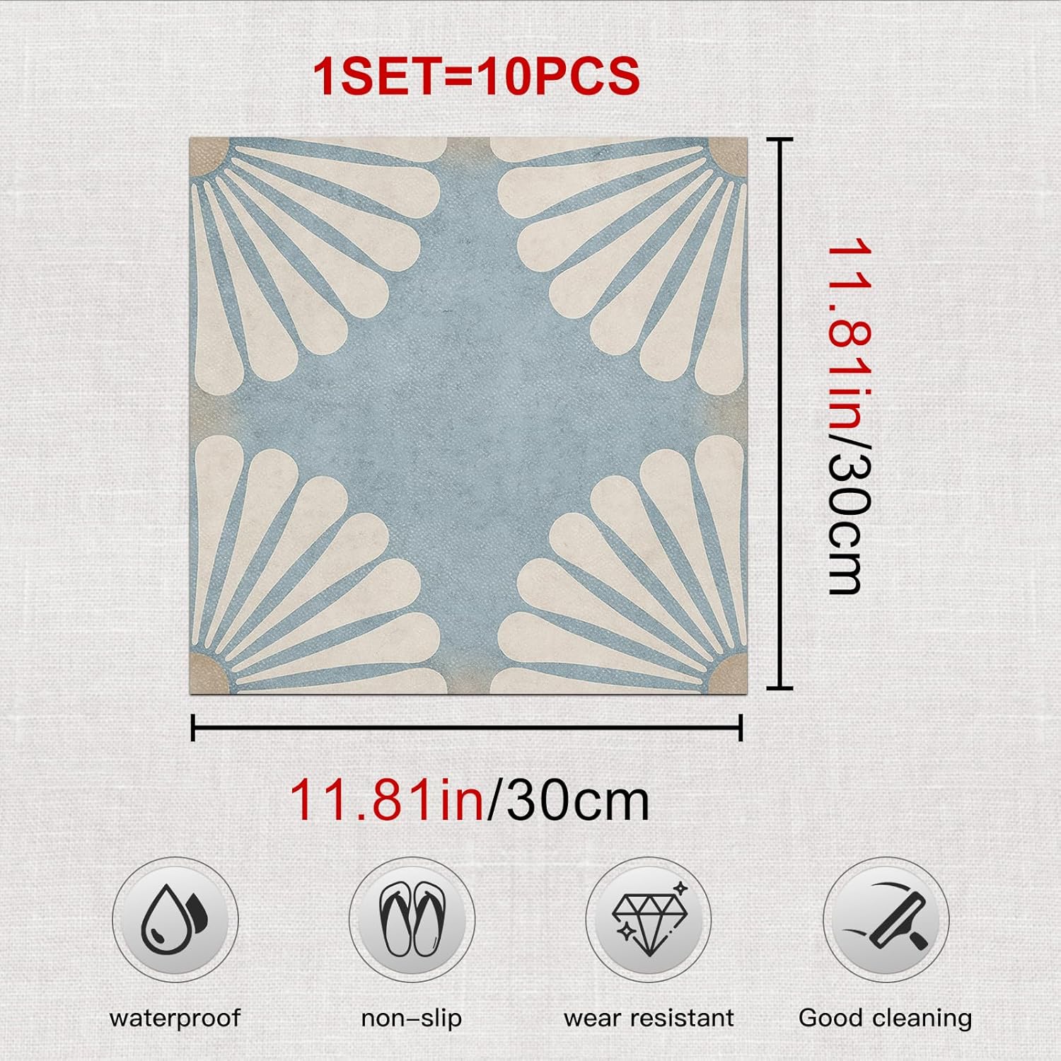 IVN 10PCS 12x12 Inch Vintage Blue and White Flower Pattern Design Detachable Self-Adhesive PVC Vinyl Floor Stickers for Peeling Floor Tiles, Ideal for Living Rooms, Kitchens, and Bathrooms