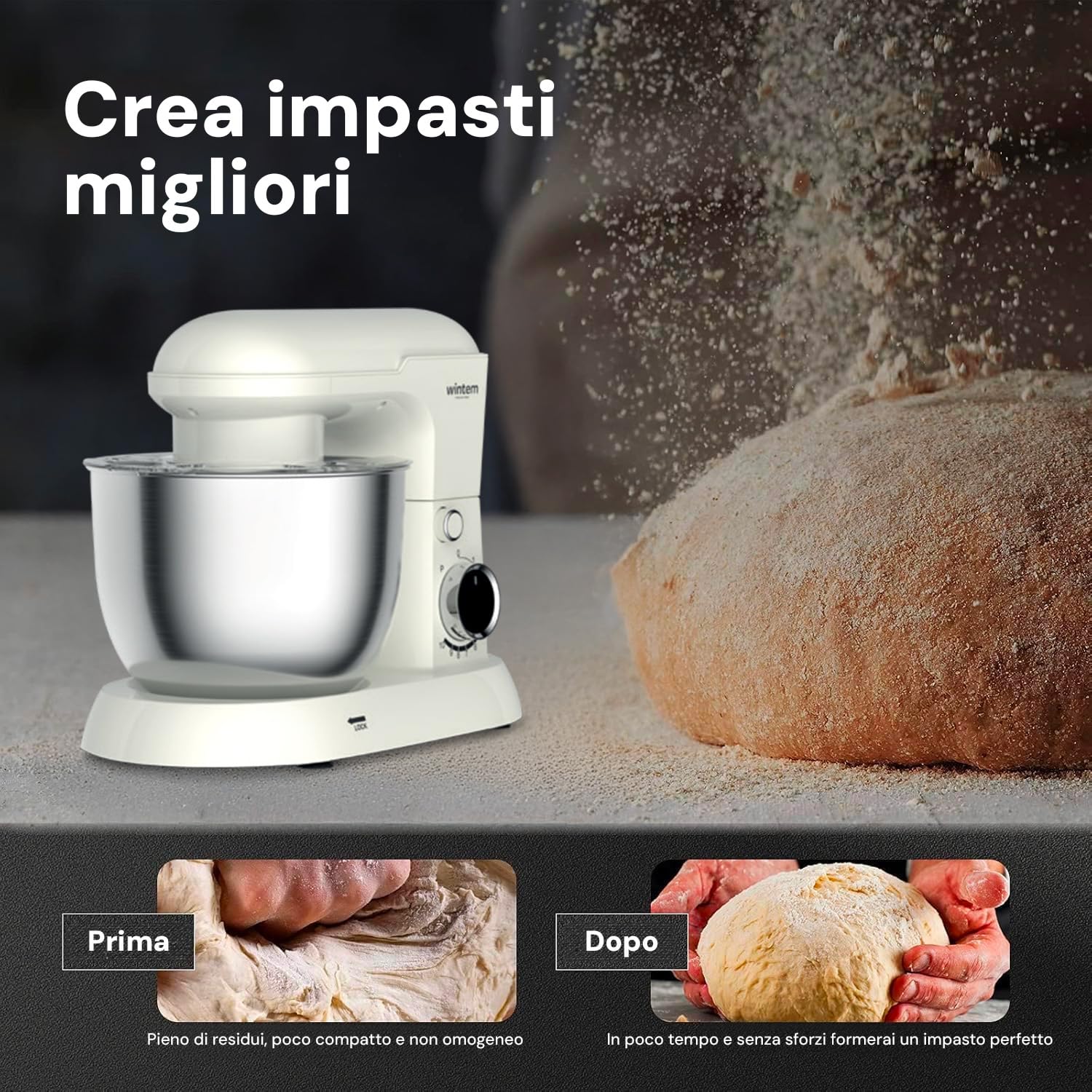 Wintem - Planetaria Silenziosa Multifunzione 1500W con Ricettario e Accessori Inclusi, Ideale per Impasti Dolci e Salati, Mixer con 10 Velocità e Funzione Pulse, Ciotola Acciaio 5L