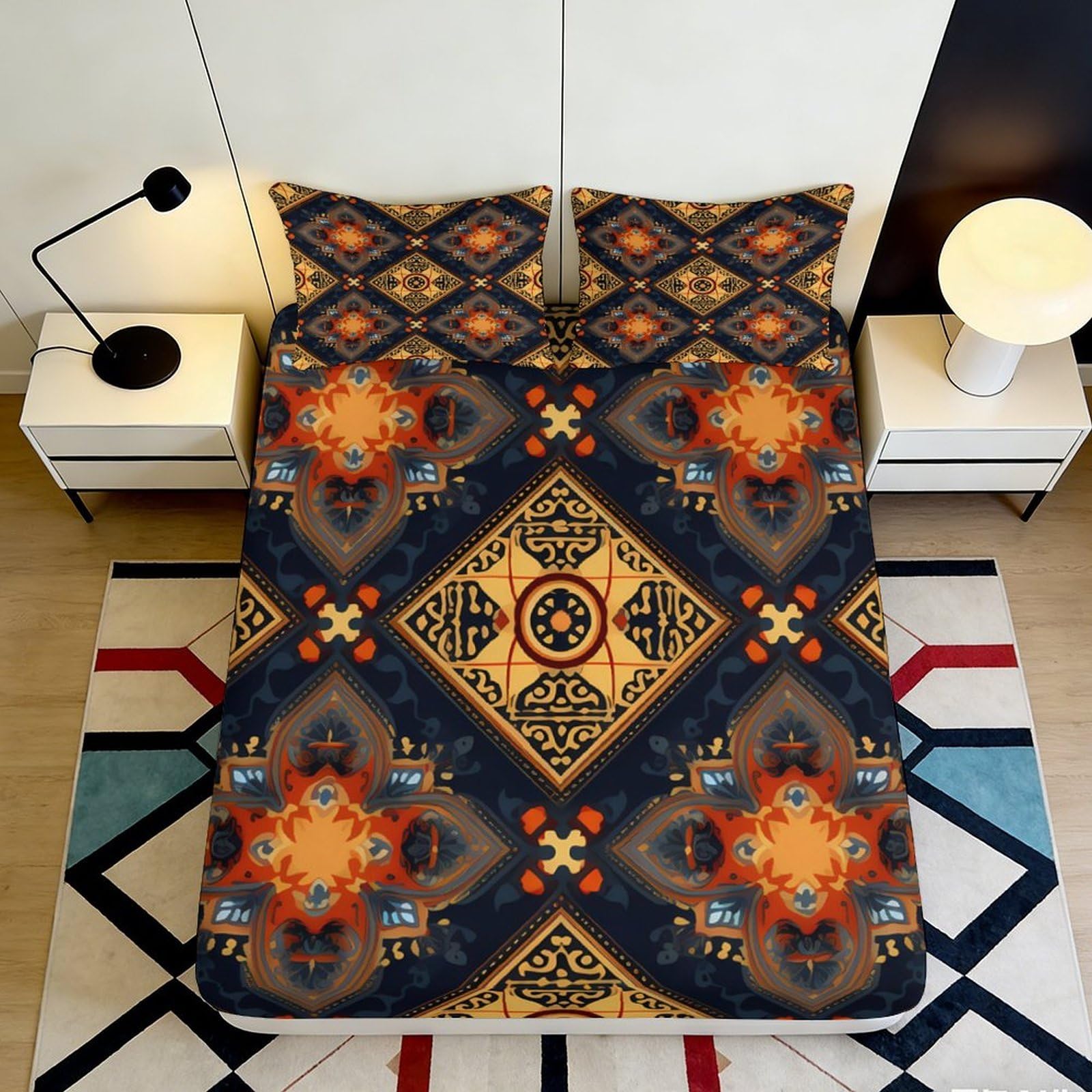 3D Printed Boho Mandala Fitted Sheet Microfiber Soft Breathable Geometric Tribal Mattress Cover for Bedroom Dorm Decor 90x200x25cm