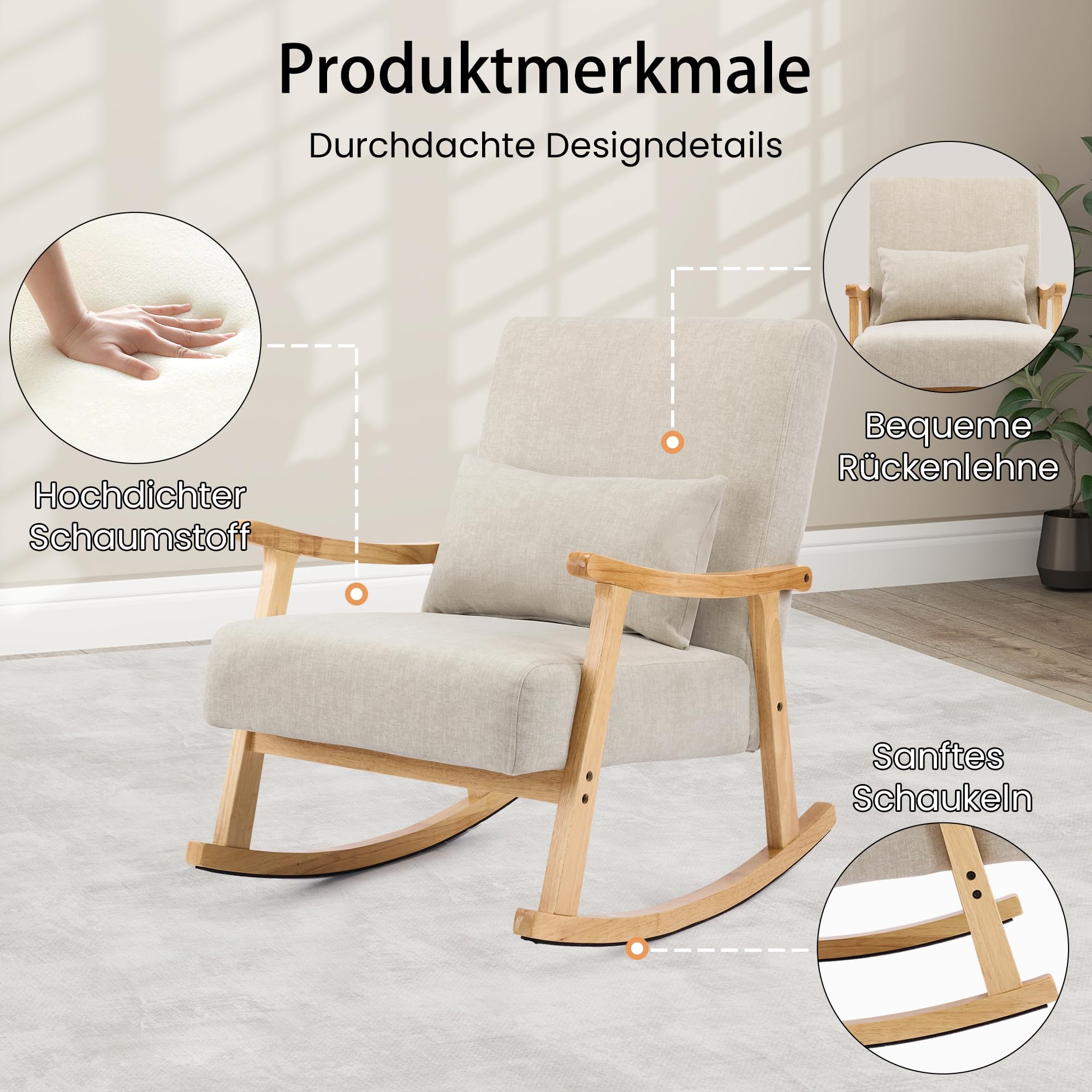 Schaukelstuhl, Schaukelsessel mit Lendenkissen, Stillsessel für Babyzimmer und Erwachsene, Stillstuhl mit Massivholzgestell, Rocking Chair für Wohnzimmer und Schlafzimmer,Hellgrau