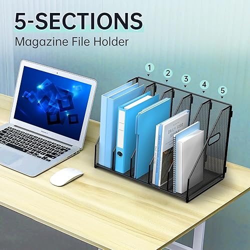 Miniatura 6 de Organizador de archivos de escritorio de metal, soporte para carpetas de revistas con 5 compartimentos verticales, organizador de archivos para