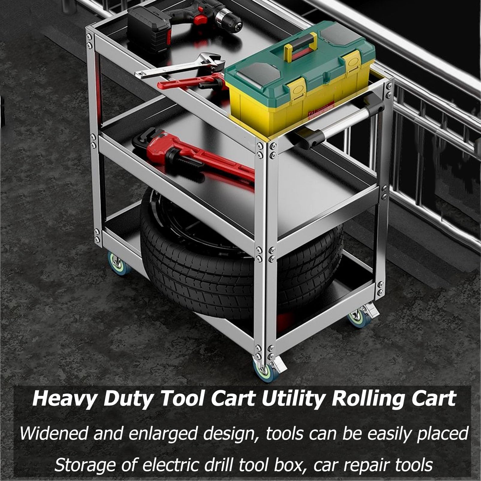 Carrello portautensili in acciaio inox resistente con ruote, organizer per attrezzi meccanici, grande capacità, per garage, magazzini e officine