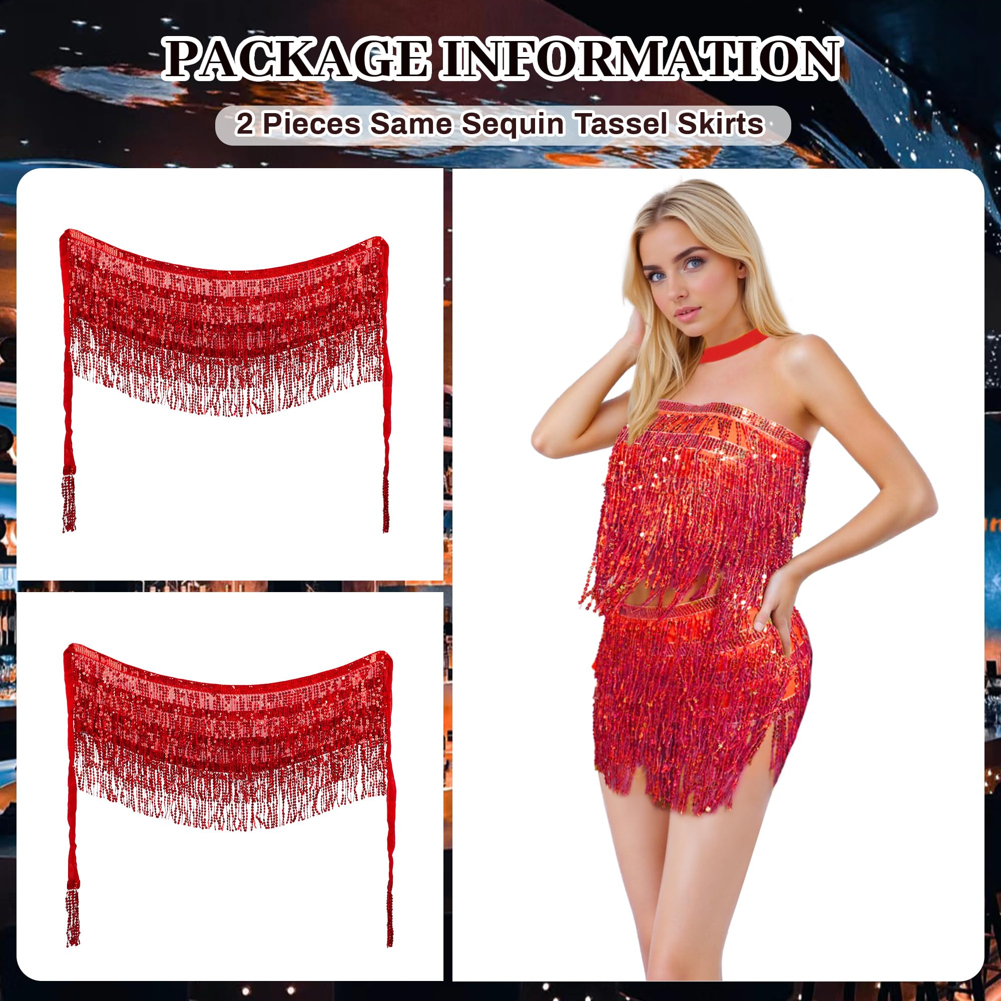 Baisdan 2 Pack Sequin Tassel Skirt for Women Girls, Sparkly Sequin Skirts Festival Outfit - Image 4