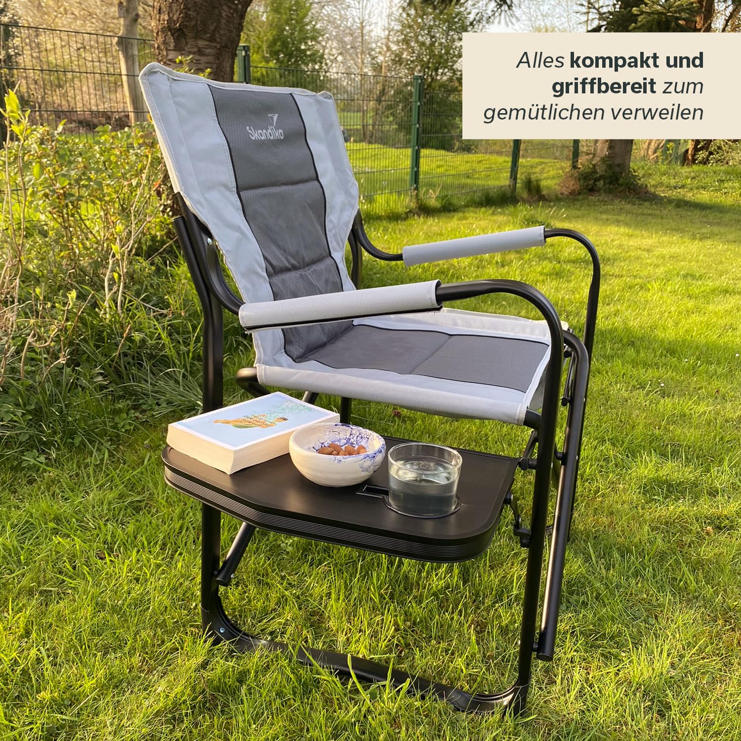 Skandika Campingstuhl Tepsa | Bequemer Klappstuhl mit Tisch und Kühlfach, bis max. 150 kg, klappbar, Getränkehalter | Faltstuhl für Camping, Zelten, Festival, Angeln, Strand