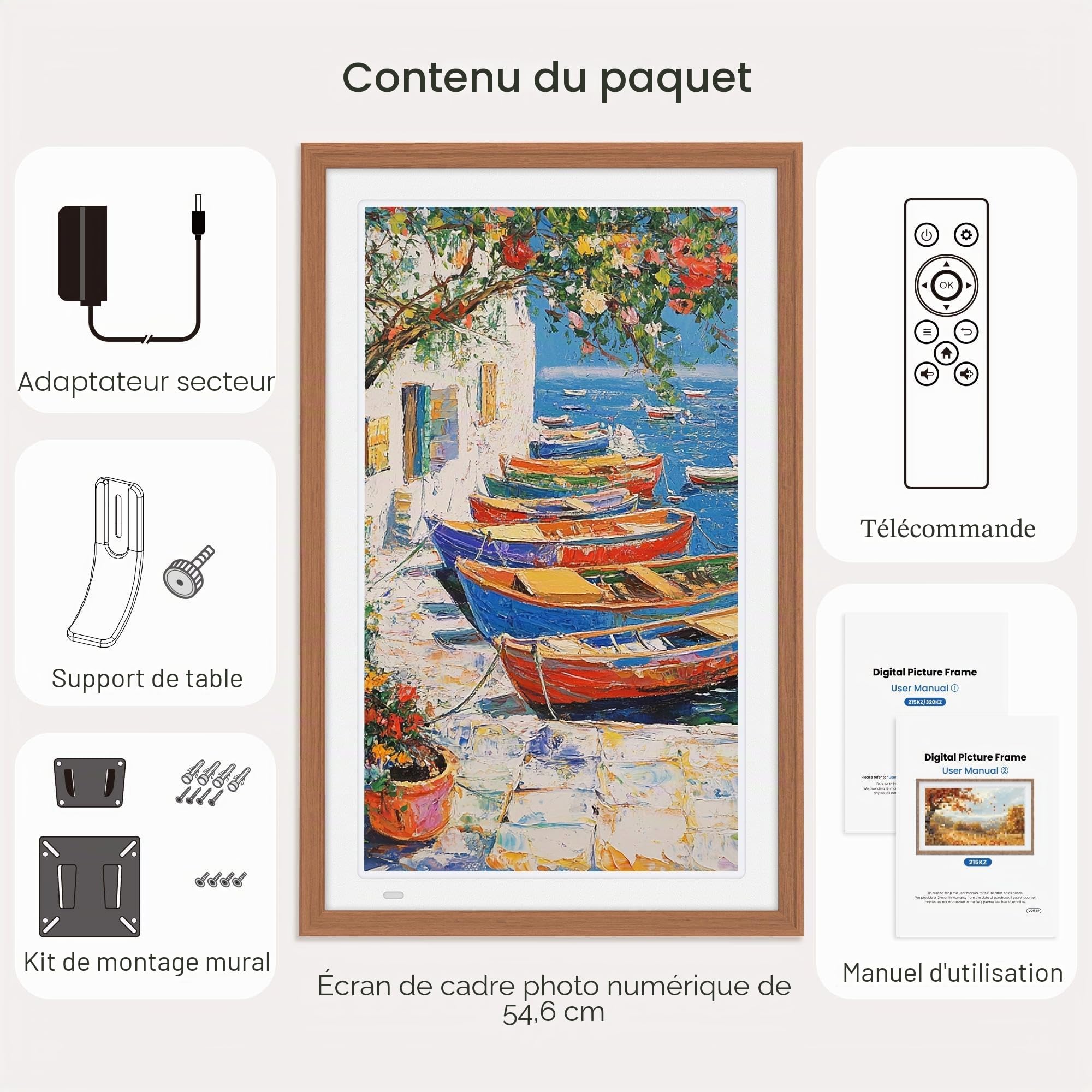 Cadre photo numérique 64 Go 21,5" avec cadre intérieur blanc - FHD 1920 x 1080P IPS - Rotation automatique - Partagez des photos/vidéos instantanément
