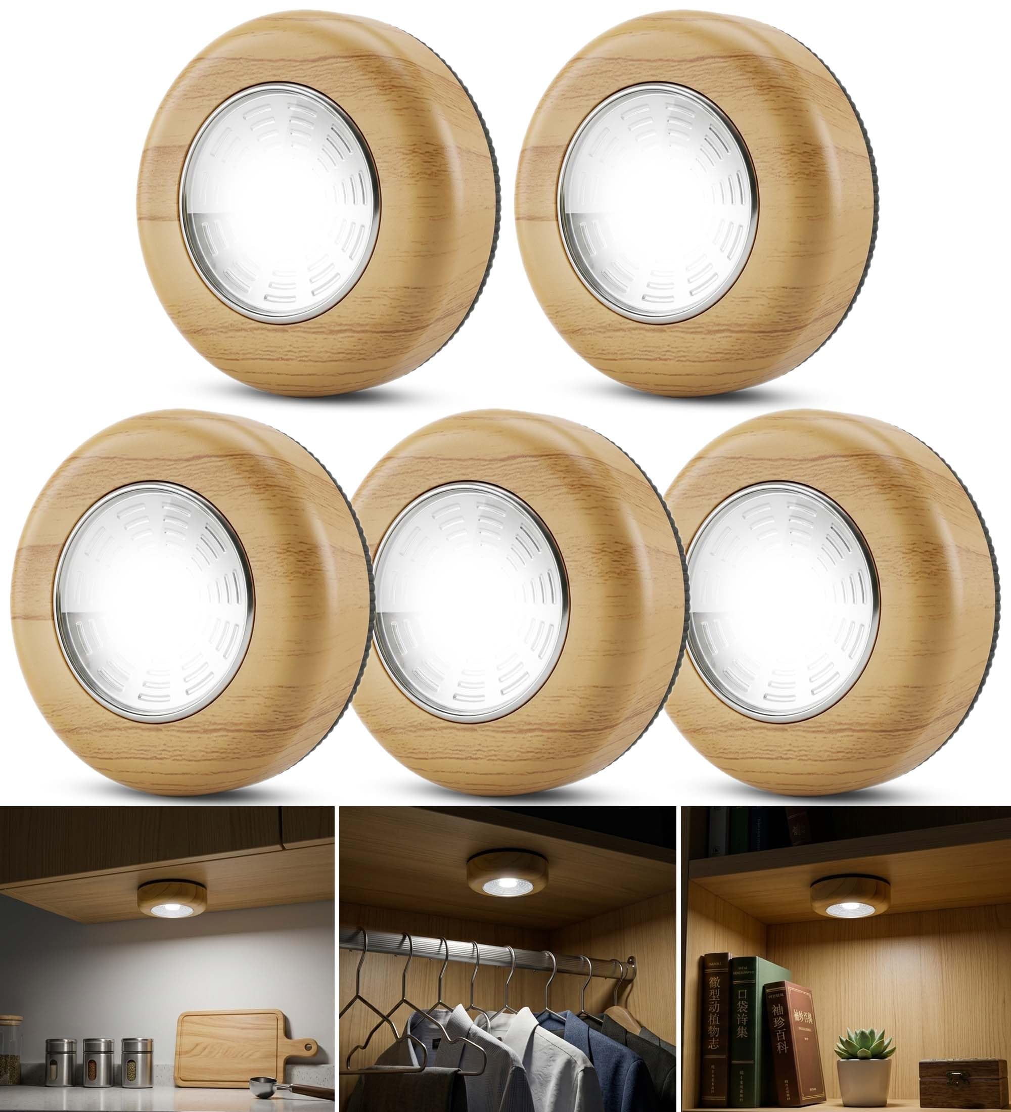 CTOCTOU Stick On Cupboard Lights Battery Operated, 5 Pack Wood Effect Push Lights Battery Powered Wall Lights for Under Cupboards, Cabinets, Counters, Wardrobe, Kitchen Sticky Lights