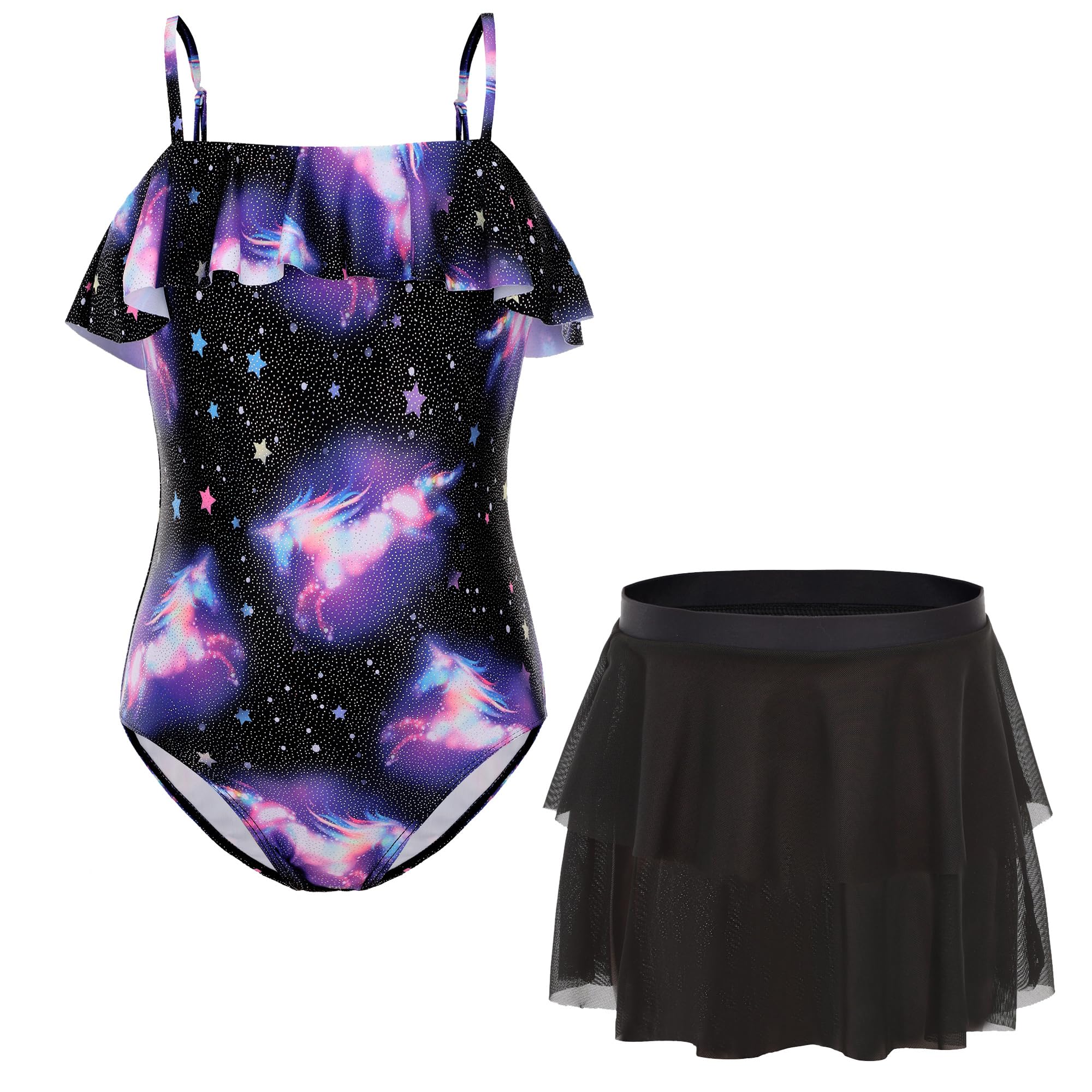 Mecamelon Girls One Piece Swimsuit with Mesh Skirt Printing Bathing Suit Swimwear 3-12Y