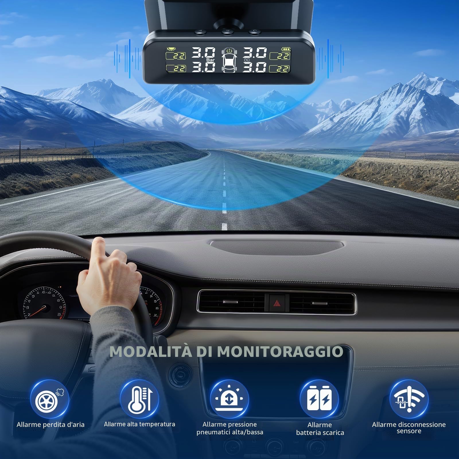 Geloo TPMS Sistema di Monitoraggio della Pressione Universale con 5 modalità Allarme Solare Sistema di Monitoraggio con 4 Sensori per Piccolo Camper Auto SUV MPV