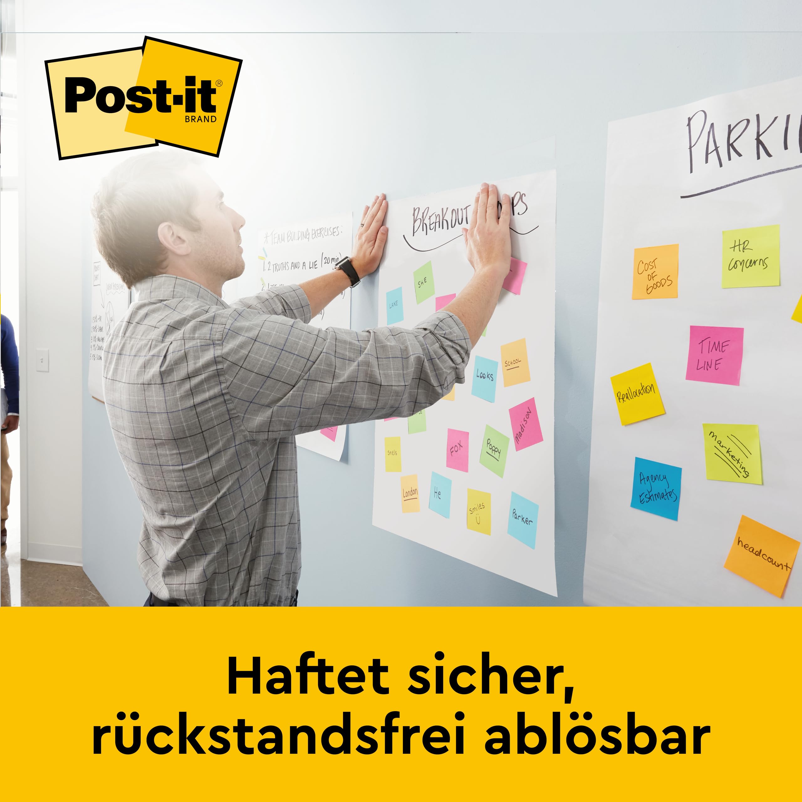 Post-it Super Sticky selbsthaftendes Meeting Chart (Flipchart) Promotion 2 Blöcke + 1 GRATIS, 63.5 cm x 76.2 cm, Farbe: Weiß - Selbstklebendes Flipchartpapier für Brainstormings überall