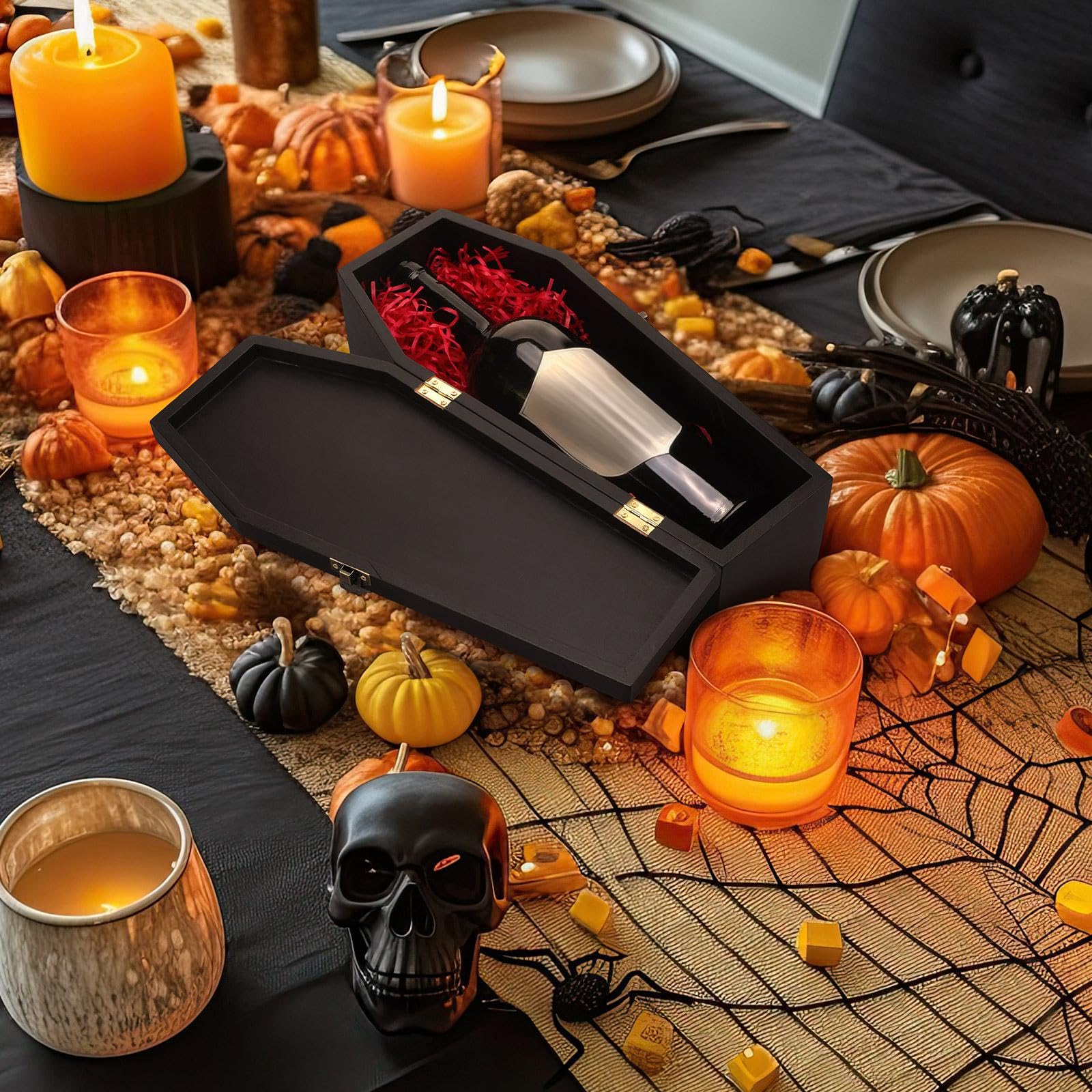 CroBlissful Scatola regalo per Halloween, con carta di rafia rossa, in legno verniciato nero, a forma di bara, con coperchio, per dolcetti o scherzetti, decorazione per feste di Halloween (1 pezzo)