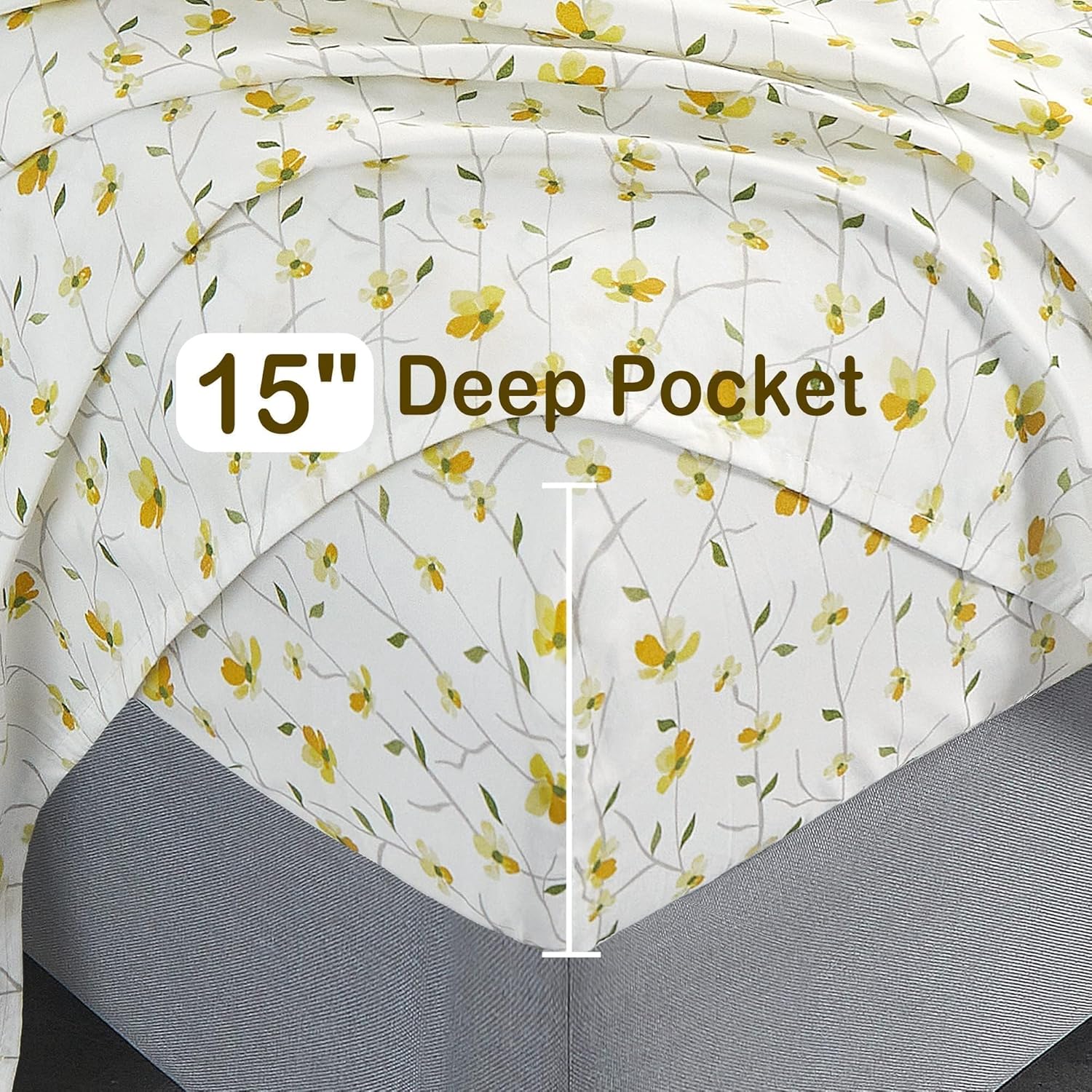 Softan Yellow Floral Bed Sheets Full Flower Printed Sheets - Patterned Microfiber Fitted Sheets Full with 15" Deep Pocket & Non-Slip Straps, Cute Flower Sheets & Pillowcase Set - Image 4