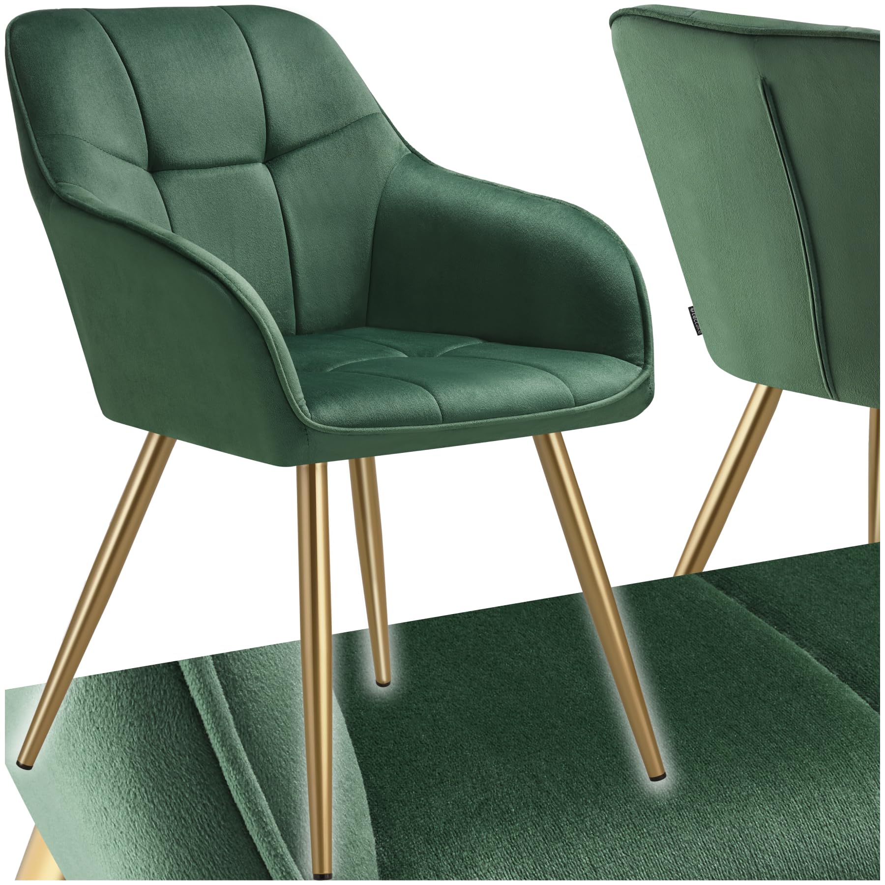tectake® Sillas de Comedor Elegantes, Tapizado Aterciopelado, Respaldo Continuo, Sillas Comedor Modernas, Silla Dormitorio, Silla Nordica, Butacas de Salon - 1 Silla Verde Oscuro