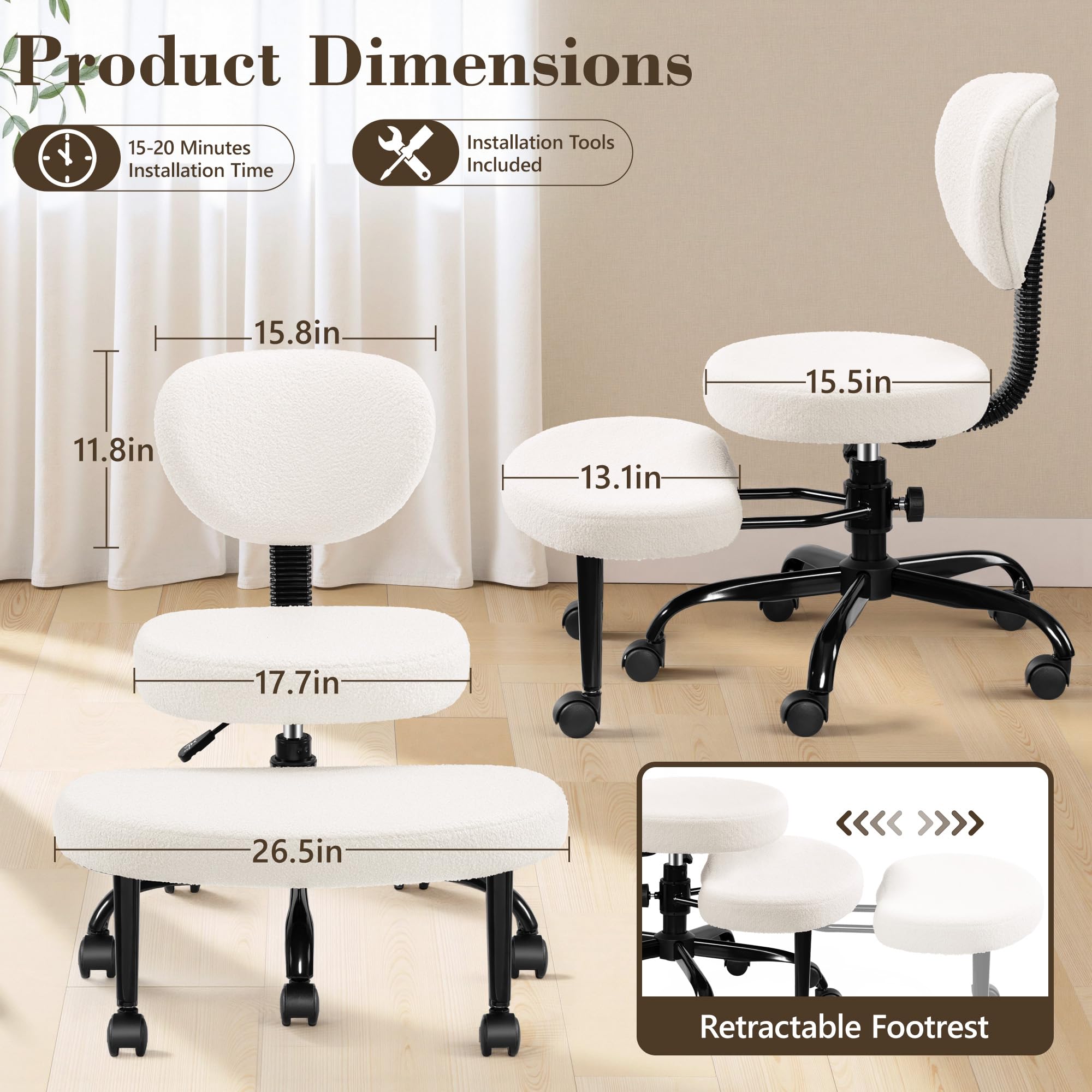 AtHope Ergonomic Cross Legged Office Chair with Wheels - Adjustable Height for Meditation, ADHD Desk & Yoga - Wide Criss Cross Design with Lumbar Support, Kneeling Chair -: Off White