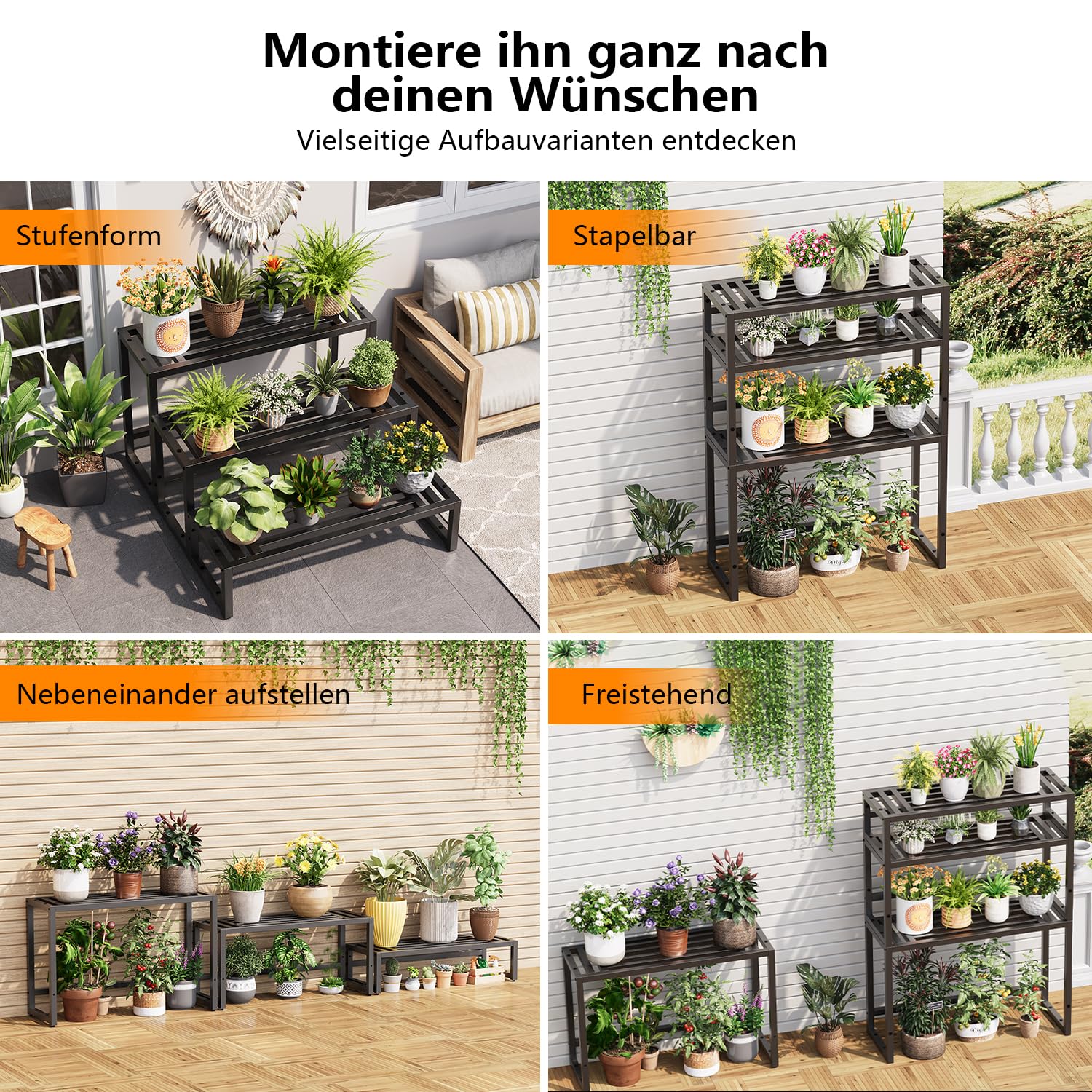 Pflanzenständer Indoor Outdoor,3 Etagen Metall Blumenstände Schwarz Rostfest Blumenhocker,Pflanzenregal für Wohnzimmer Terrasse Zuhause,Garten,Balkon,Büro,Wohnzimmer