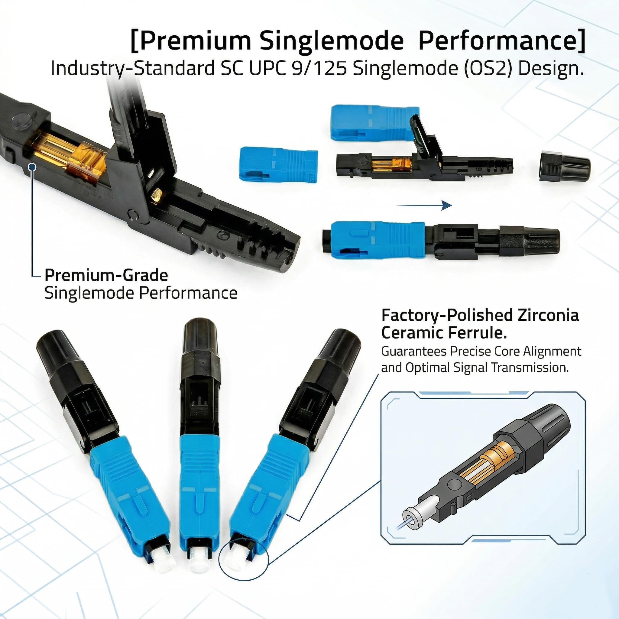 Conector de cable fibra óptica SC UPC azul negro 10 piezas