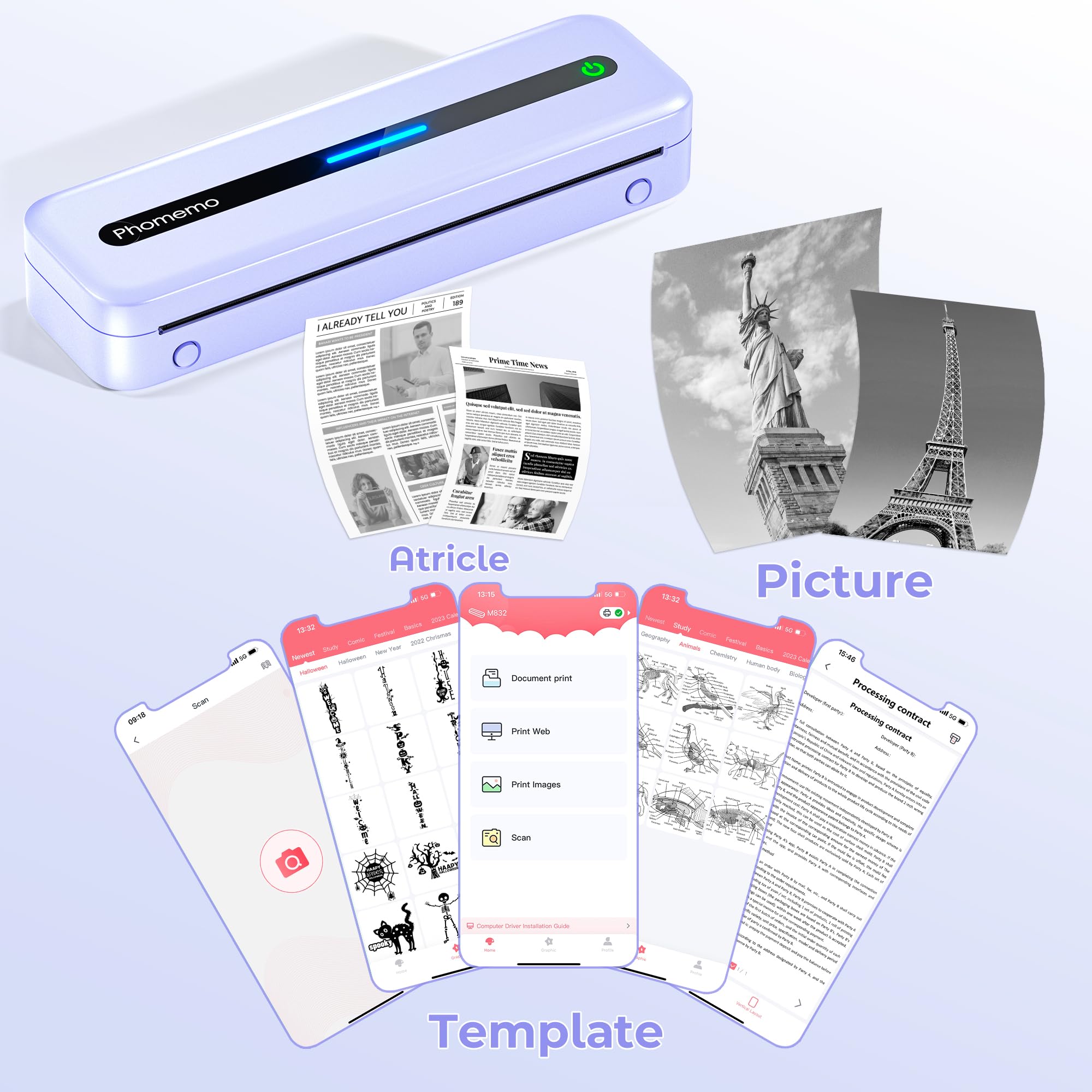 Phomemo M832 Imprimante Portable A4 Thermique Compatible Android iOS sans Encre Violet