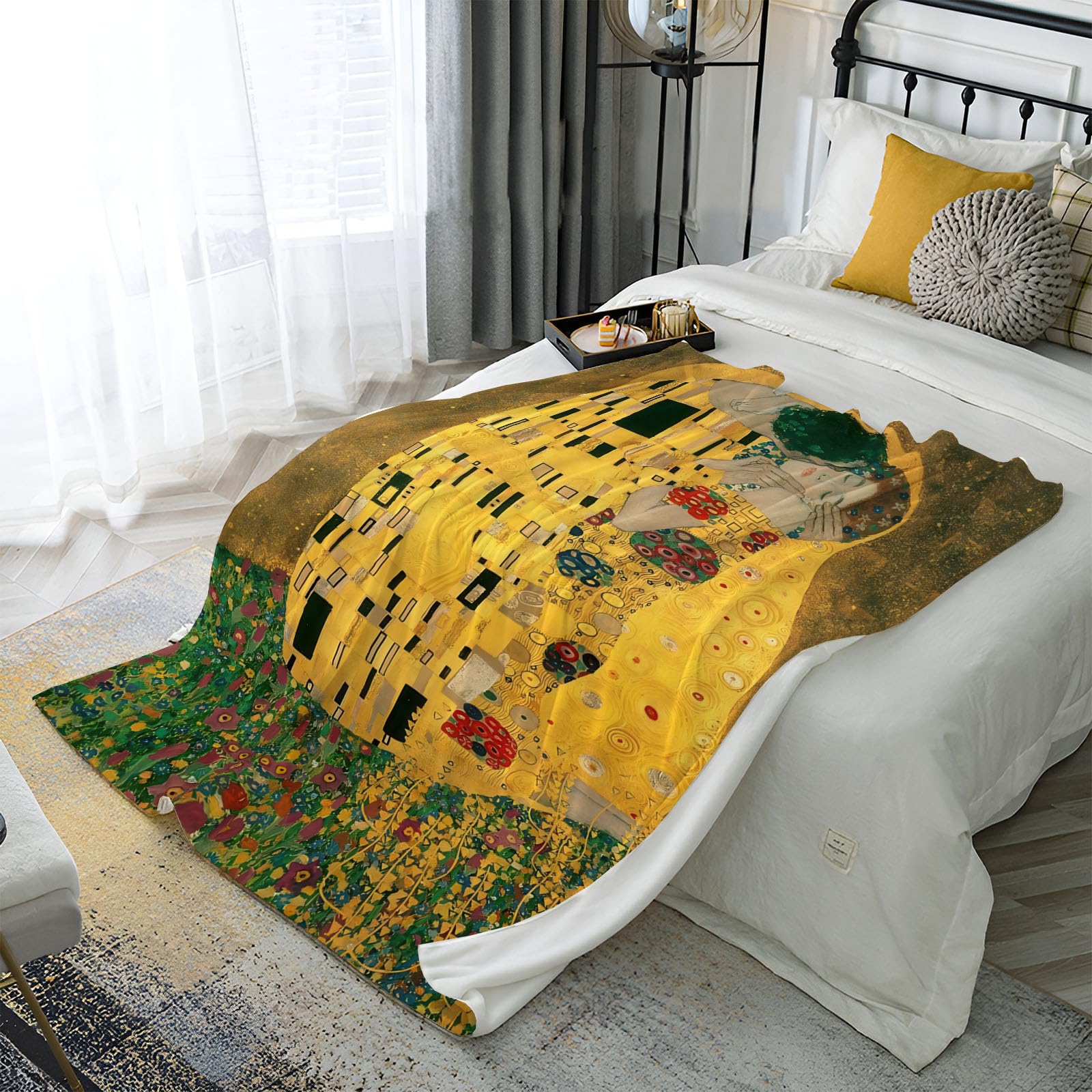 Manta de Franela con Estampado Lujo Flores Beso - Manta Clásico Pintura Al Óleo Forro Polar Suave y Mullida para otoño e Invierno - para Adolescentes y Adultos Sofá Oro Mantas 180x200 cm